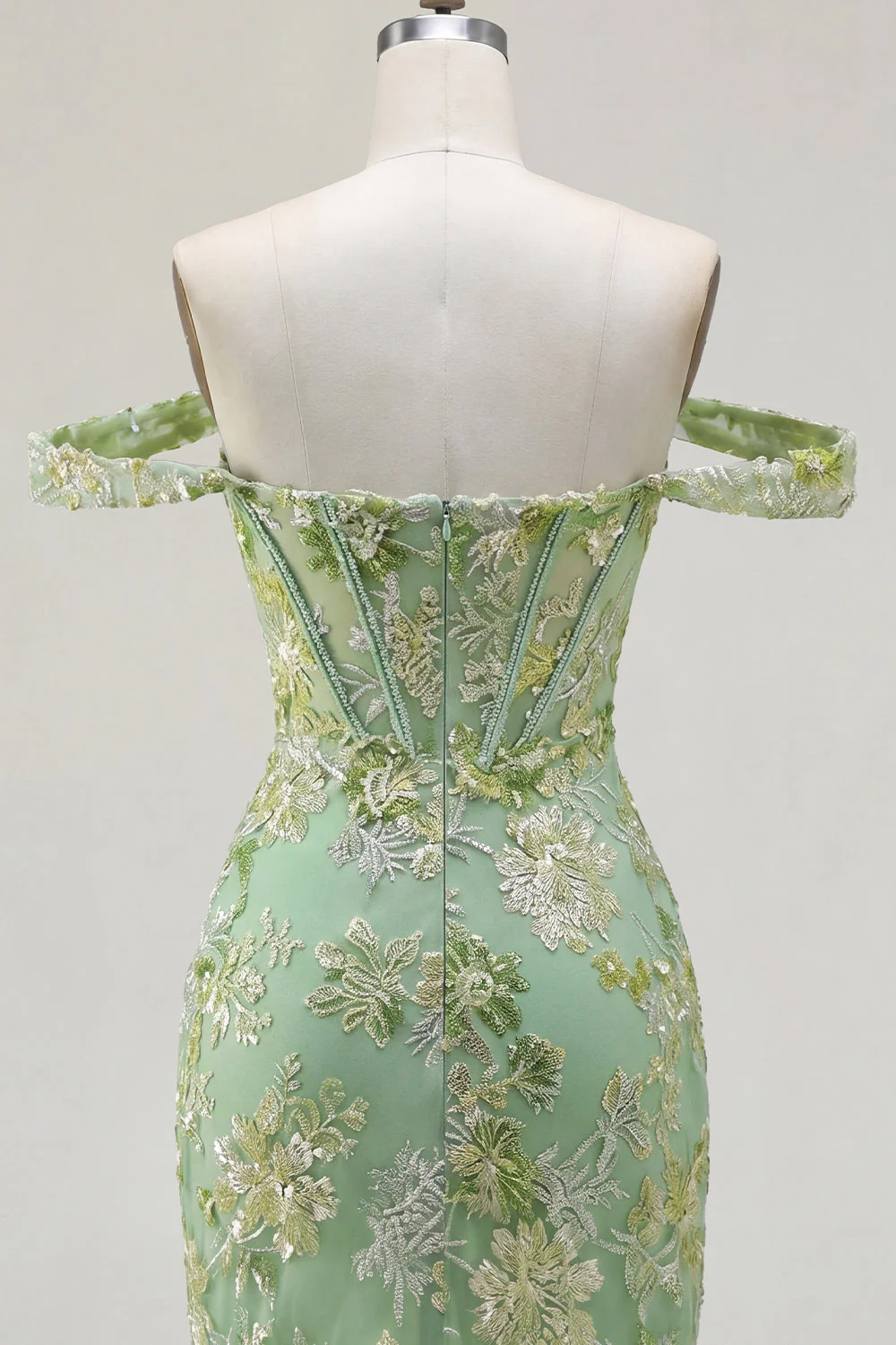 Green Off the Shoulder Bodycon Floral Sheer Corset Homecoming Dress - Image 6