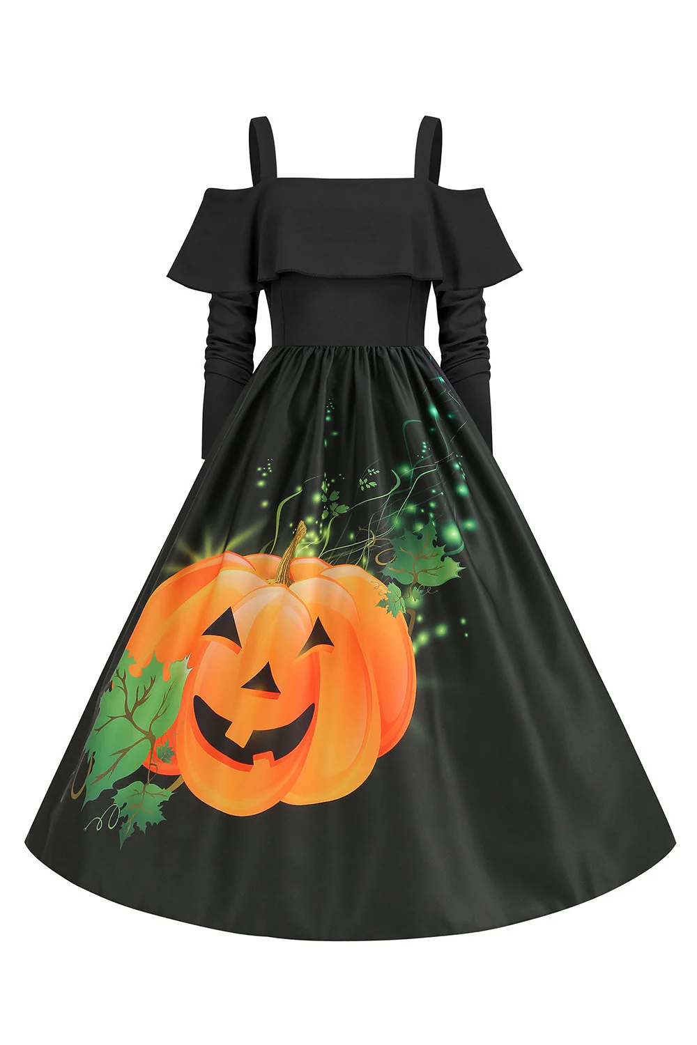 Czarna Sukienka W Stylu Vintage Z Odkrytymi Ramionami I Nadrukiem Dyni Na Halloween - Image 2