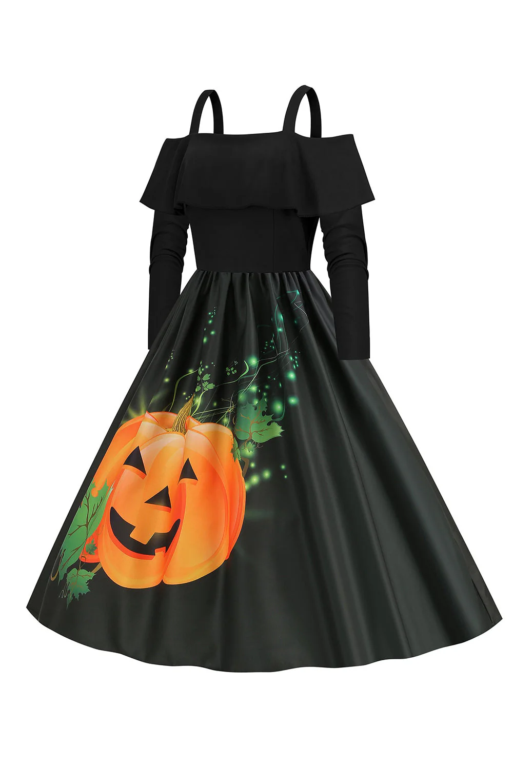 Czarna Sukienka W Stylu Vintage Z Odkrytymi Ramionami I Nadrukiem Dyni Na Halloween - Image 3