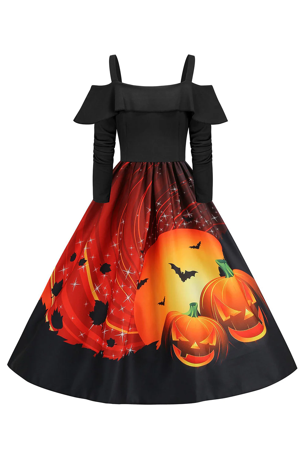 Czarna Sukienka W Stylu Vintage Z Odkrytymi Ramionami I Nadrukiem Dyni Na Halloween - Image 4