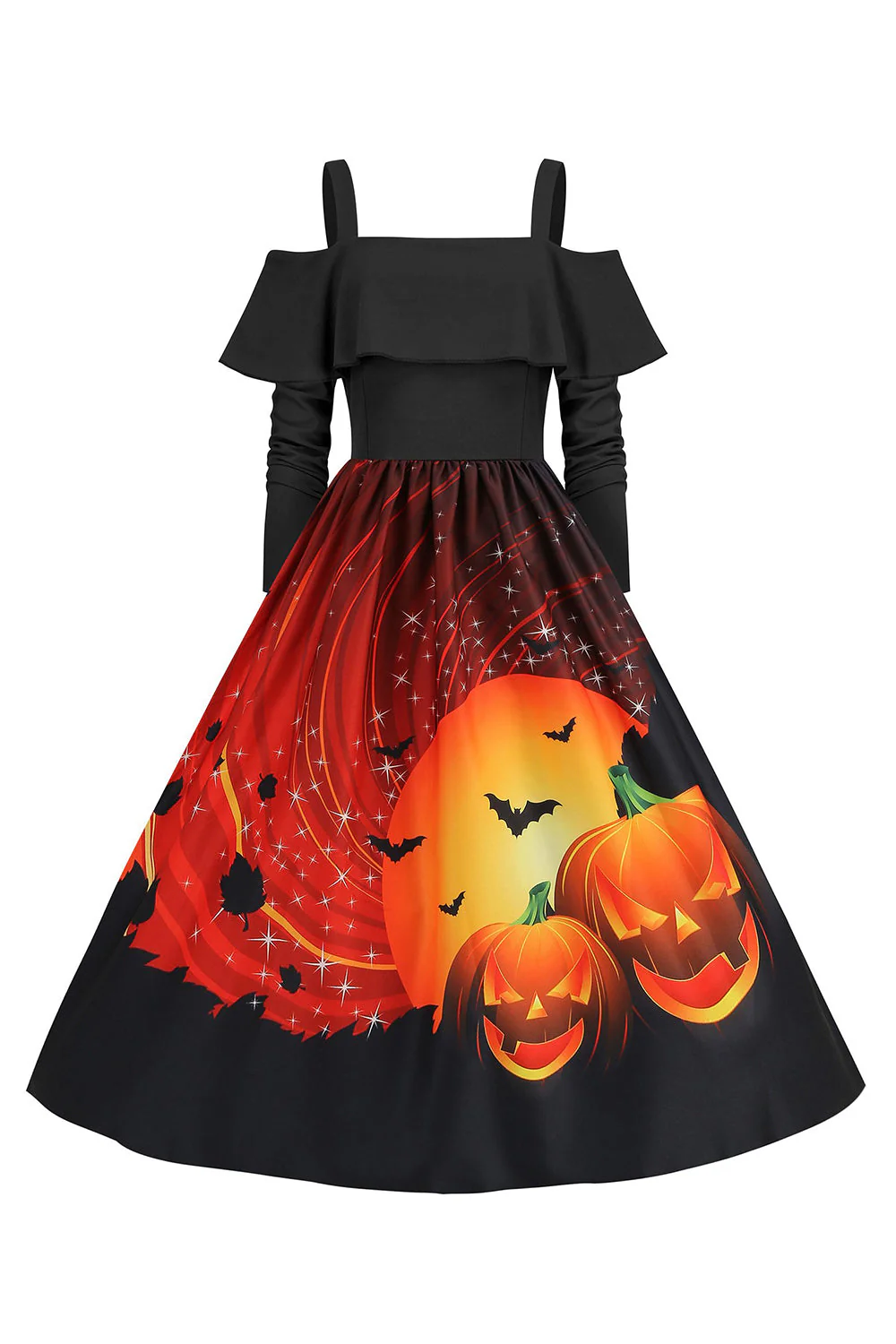 Czarna Sukienka W Stylu Vintage Z Odkrytymi Ramionami I Nadrukiem Dyni Na Halloween - Image 5
