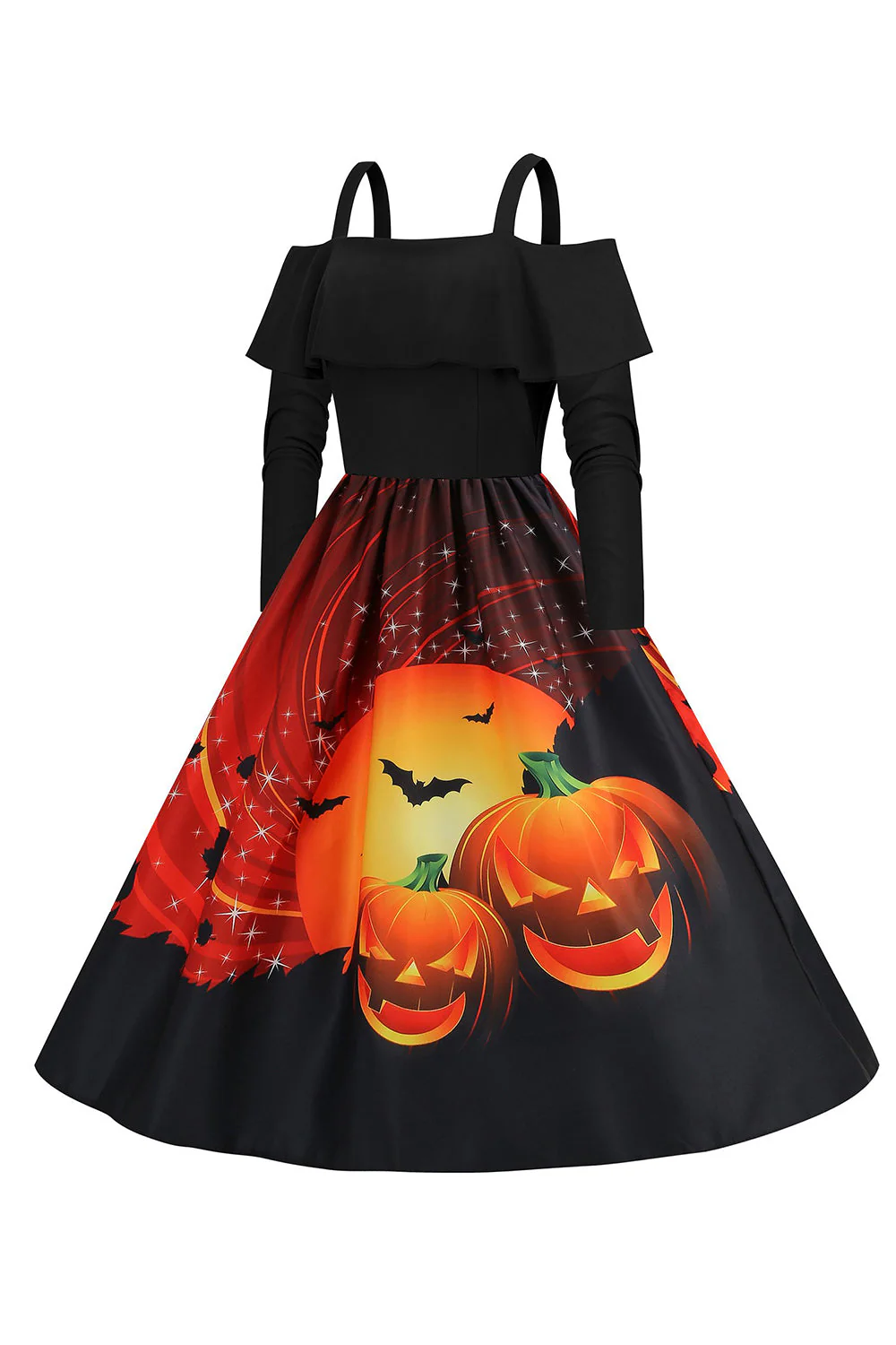 Czarna Sukienka W Stylu Vintage Z Odkrytymi Ramionami I Nadrukiem Dyni Na Halloween - Image 6