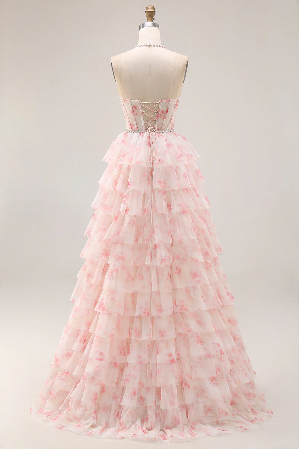 Halter A-line Candy Pink Gorset, kwiatowa, wielopoziomowa długa sukienka balbalowa z perłami - Image 2