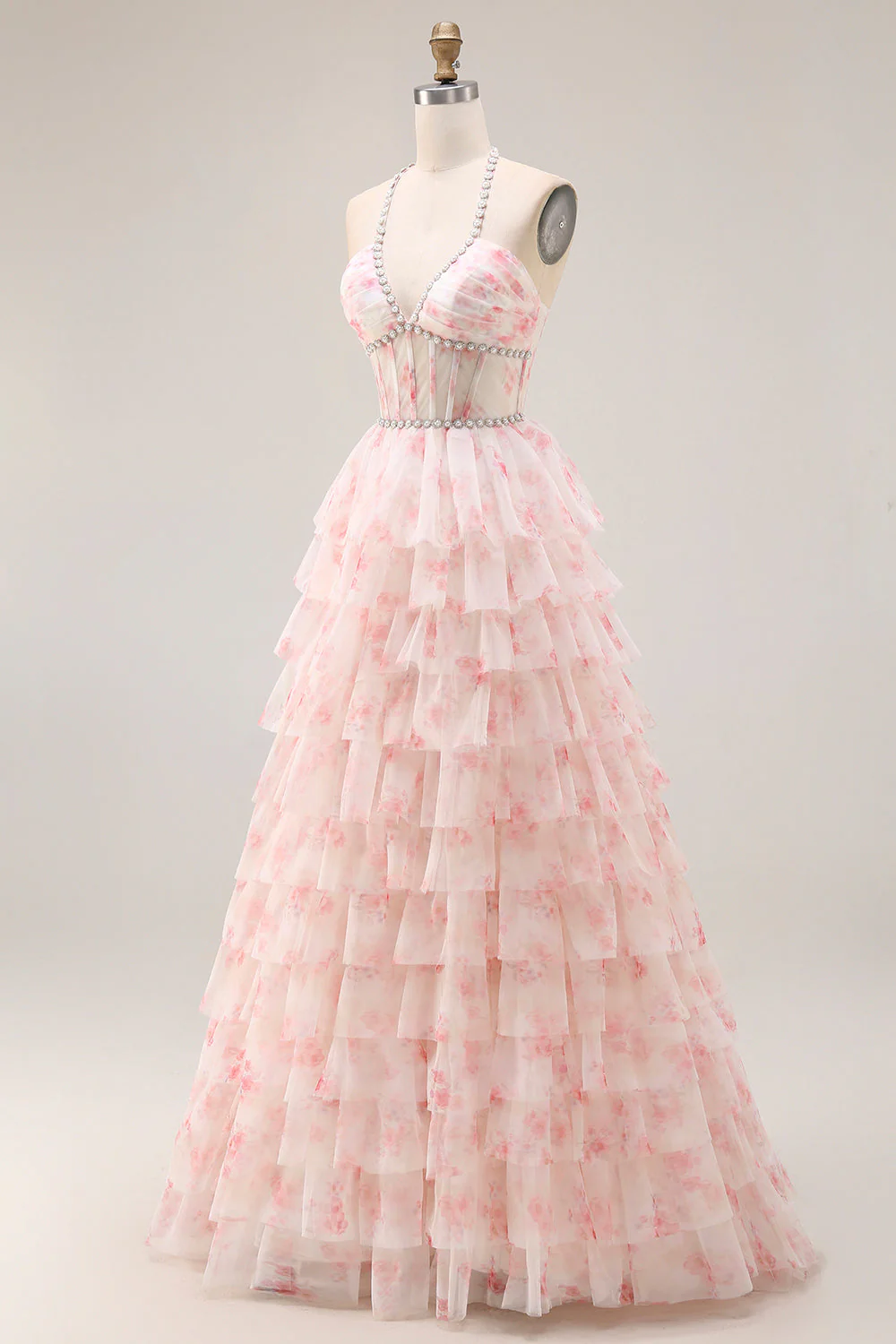 Halter A-line Candy Pink Gorset, kwiatowa, wielopoziomowa długa sukienka balbalowa z perłami - Image 3