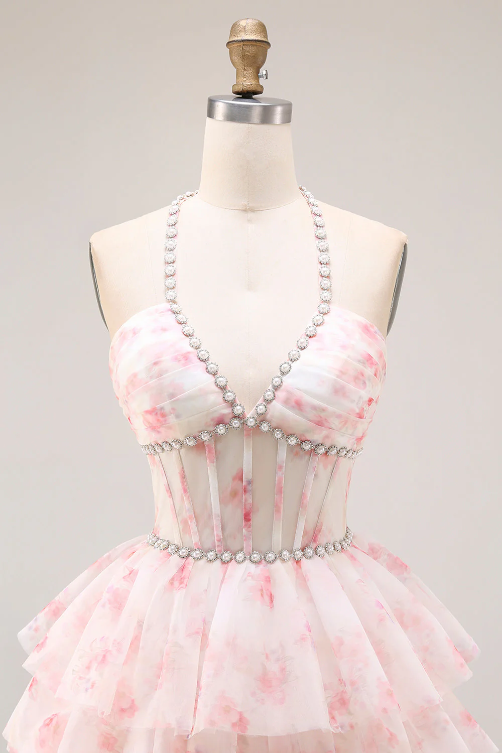 Halter A-line Candy Pink Gorset, kwiatowa, wielopoziomowa długa sukienka balbalowa z perłami - Image 4