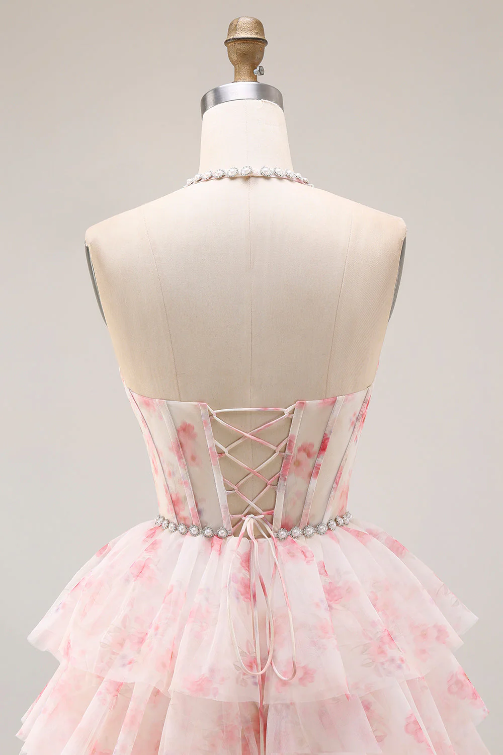 Halter A-line Candy Pink Gorset, kwiatowa, wielopoziomowa długa sukienka balbalowa z perłami - Image 5