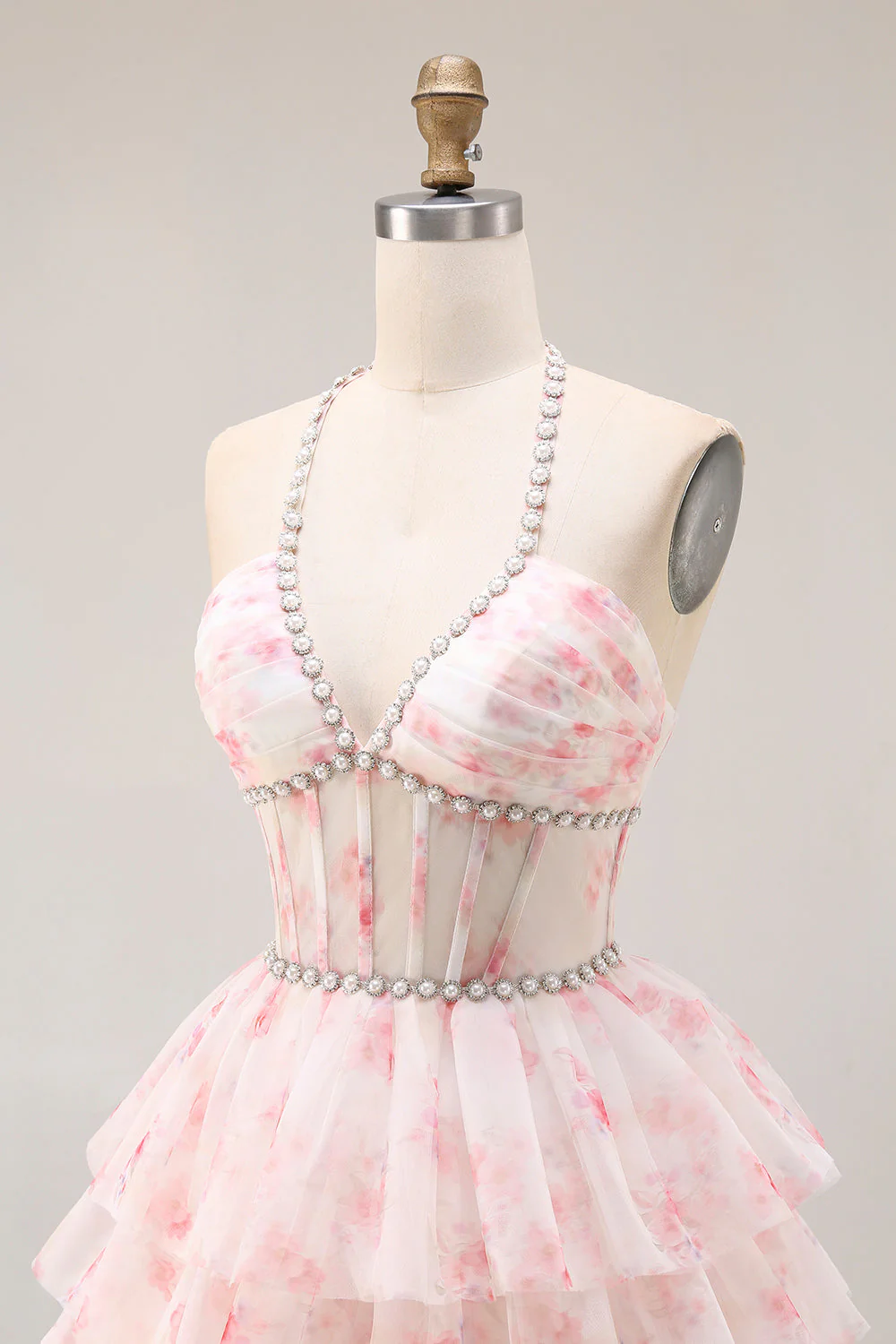 Halter A-line Candy Pink Gorset, kwiatowa, wielopoziomowa długa sukienka balbalowa z perłami - Image 6