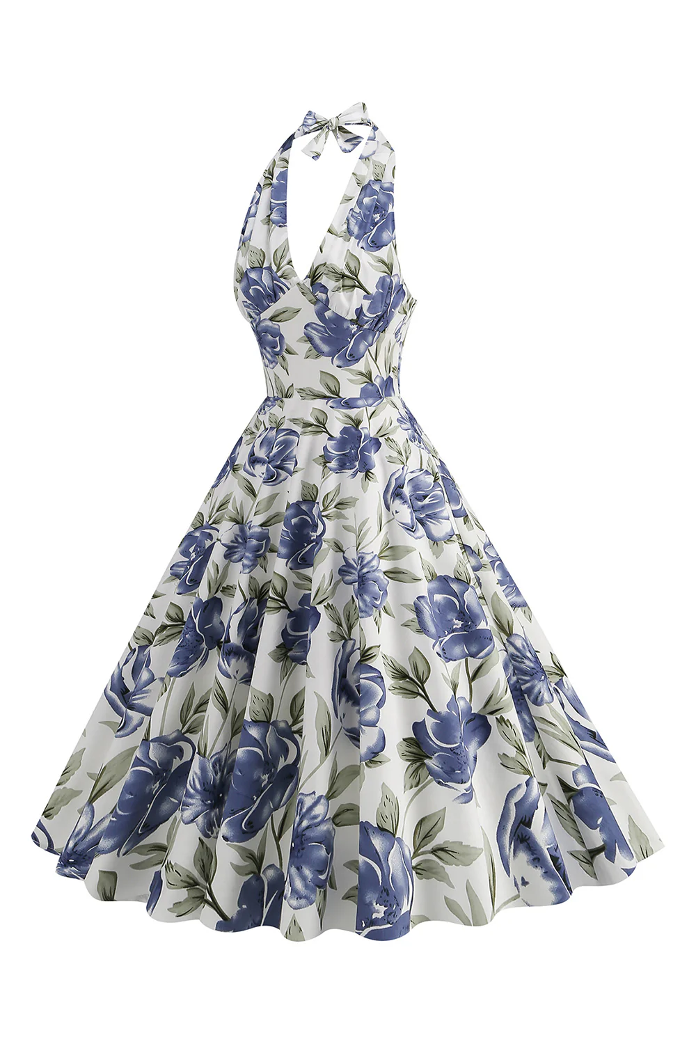 Halter Biała Niebieska Sukienka Z Kwiatowym Nadrukiem Z 1950 Roku - Image 3