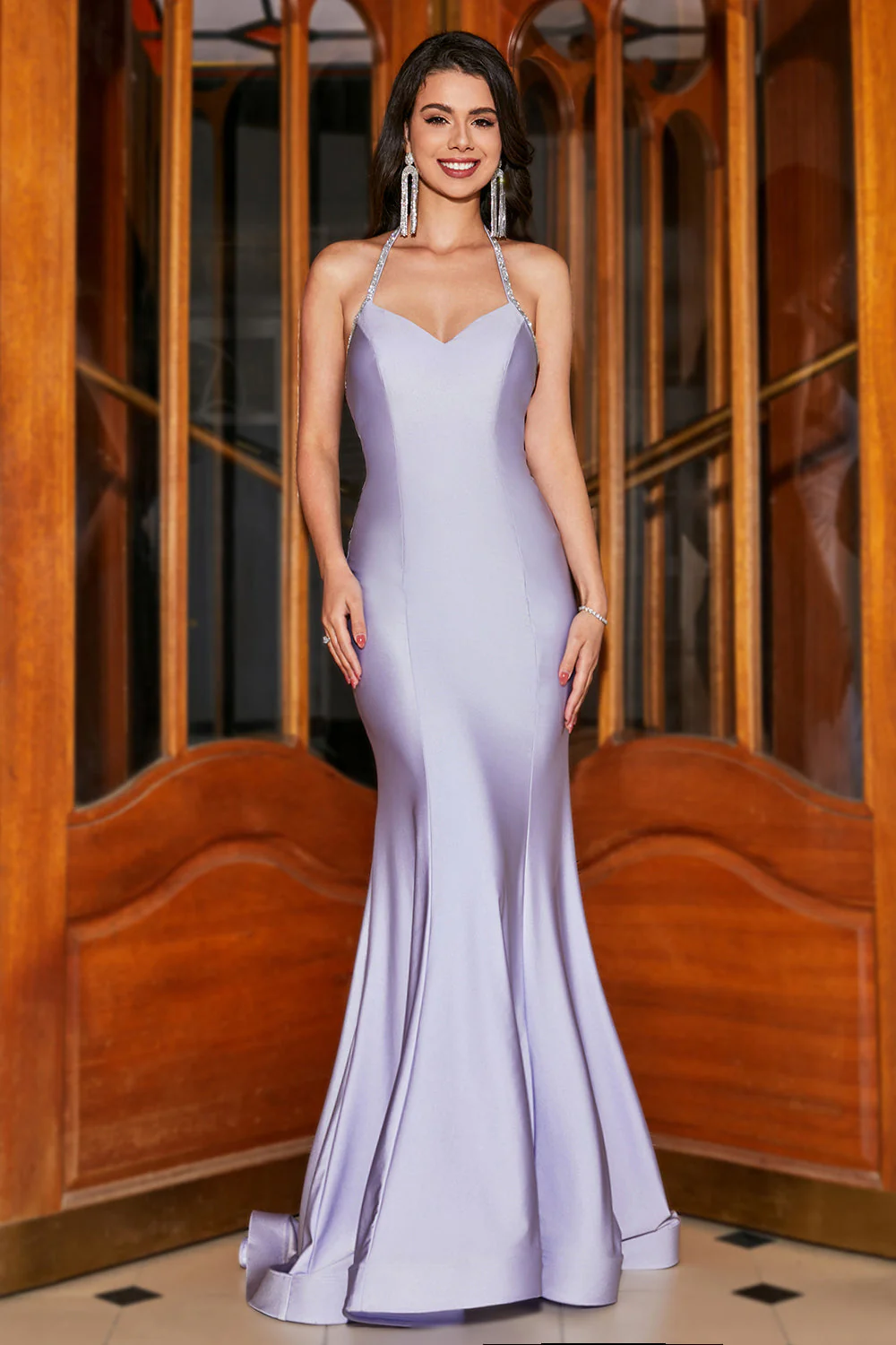 Halter Lilac Syrenka Spaghetti Ramiączka Długa Sukienka Na Studniówkę Z Akcesorium - Image 5