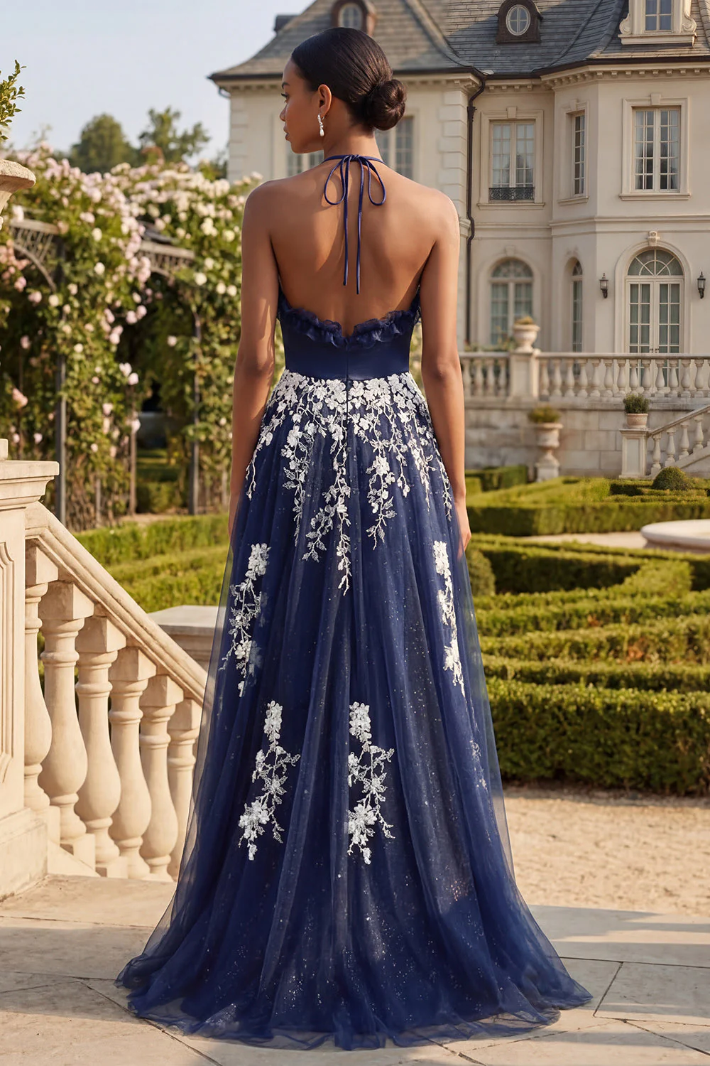 Halter Navy A Line A Line Długa długa kwiatowa sukienka na studniówkę z rozcięciem - Image 2