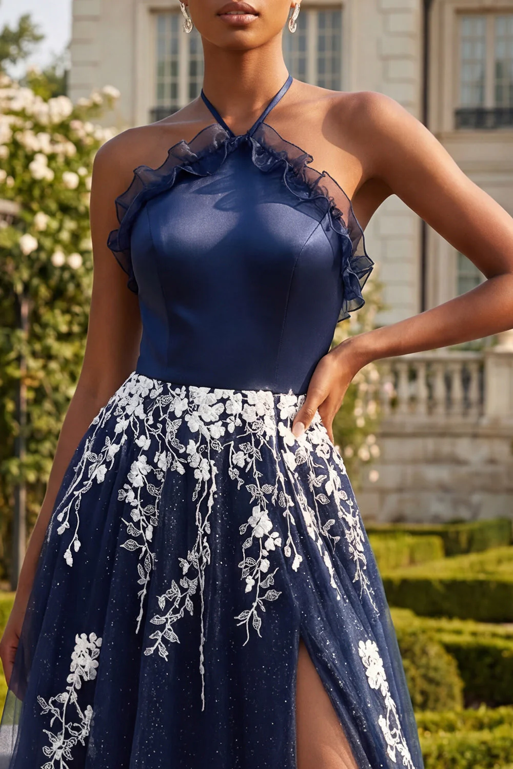 Halter Navy A Line A Line Długa długa kwiatowa sukienka na studniówkę z rozcięciem - Image 3