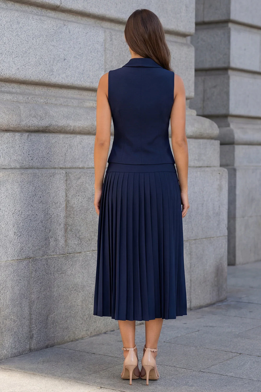 Halter Navy jednorzędowa, plisowana sukienka A-line – dwuczęściowa sukienka robocza - Image 2