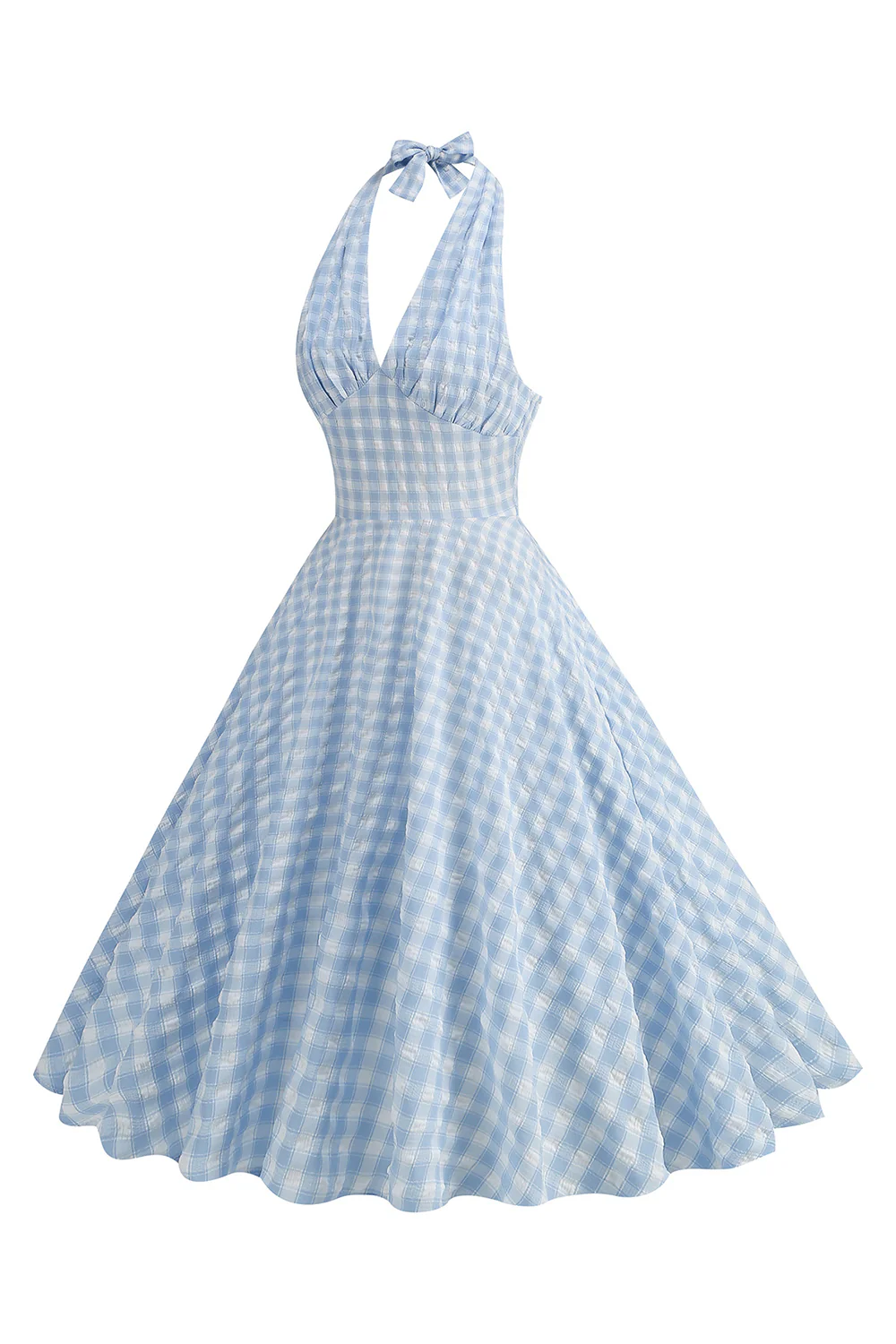 Halter Niebieska Sukienka W Kratę 1950 Z Kokardą - Image 3