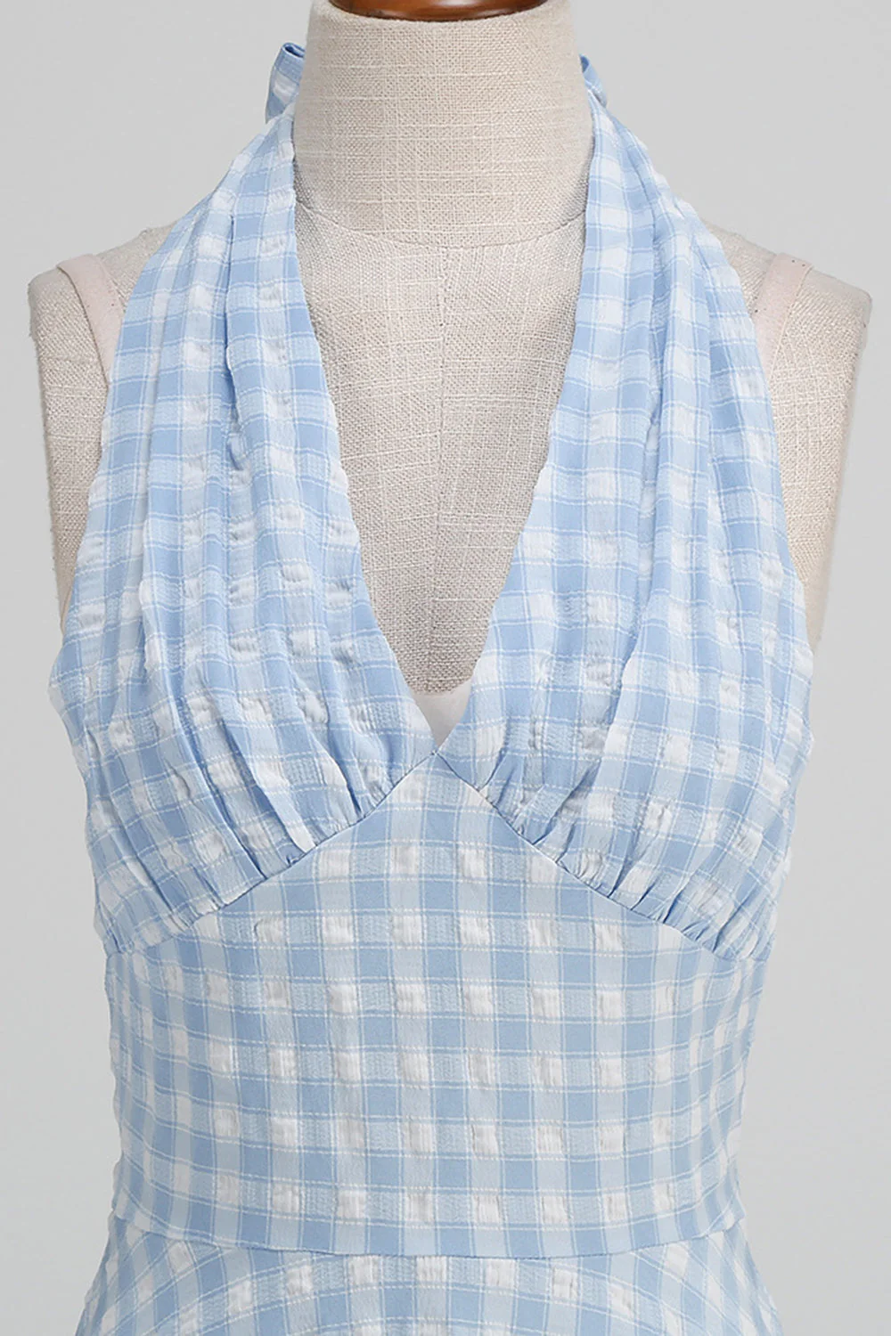 Halter Niebieska Sukienka W Kratę 1950 Z Kokardą - Image 4