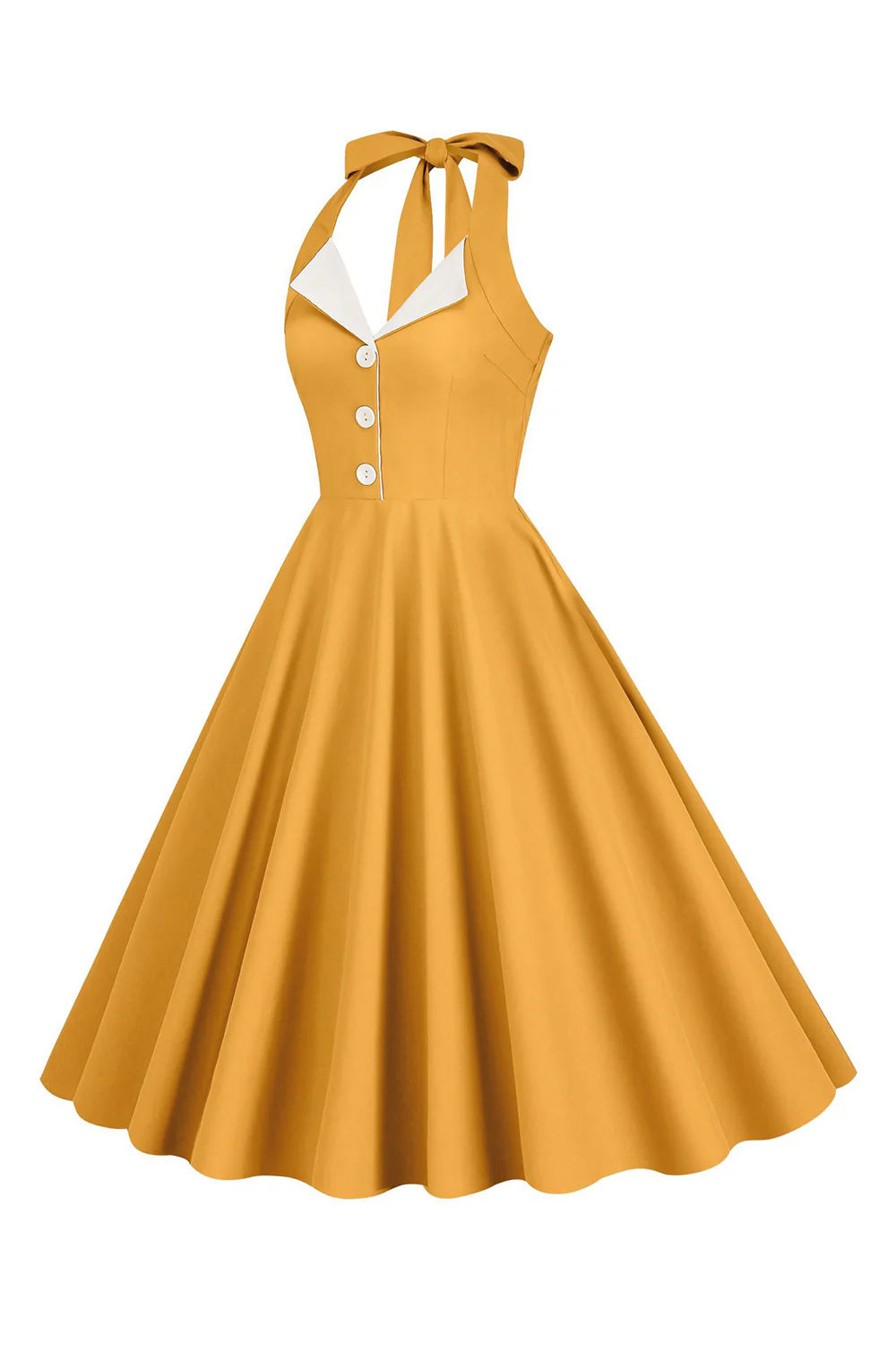 Halter Żółta Plisowana Sukienka W Stylu Vintage - Image 3