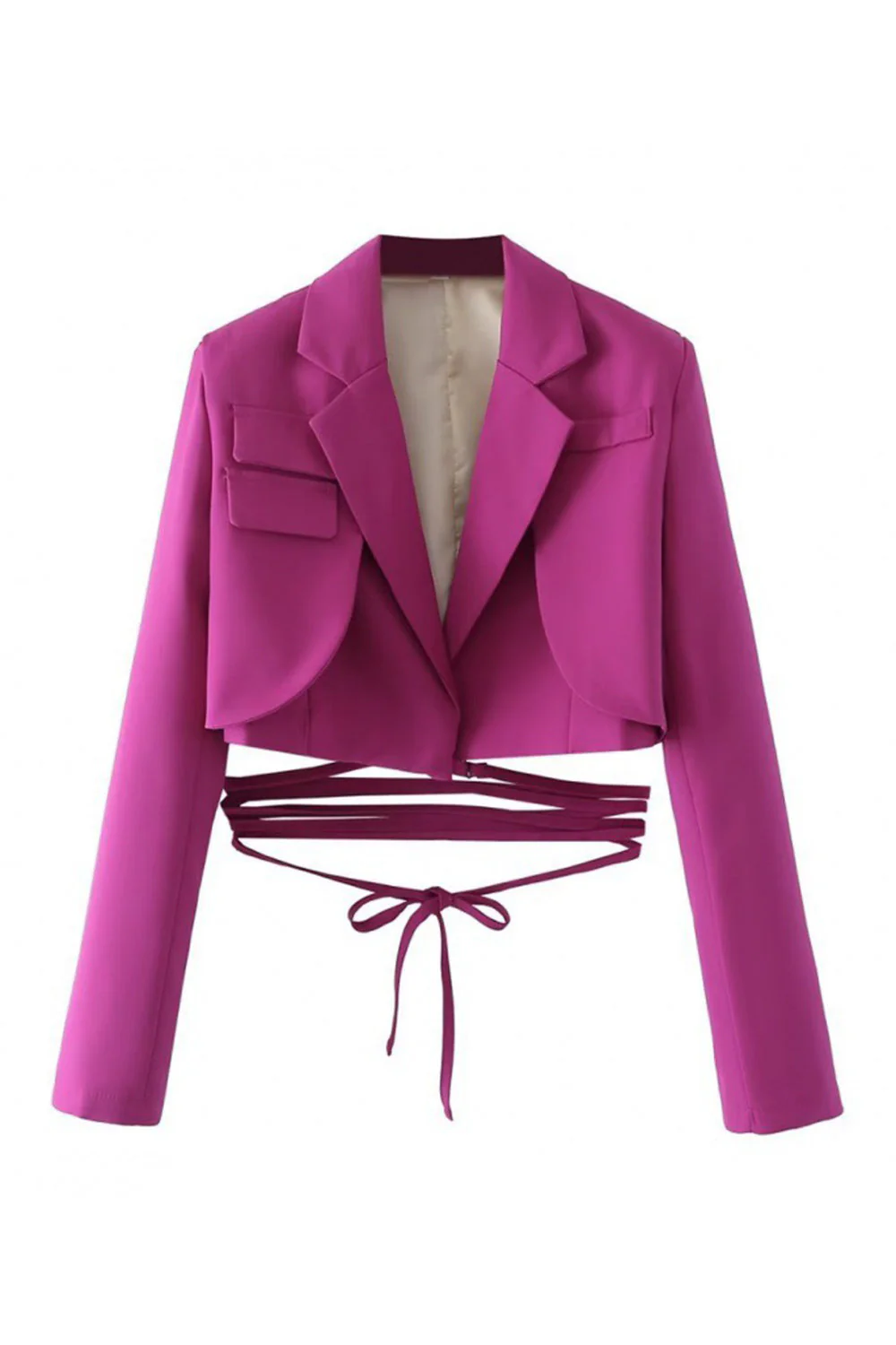 Hot Pink Notched Lapel Tie Cropped Women's Blazer - Image 10