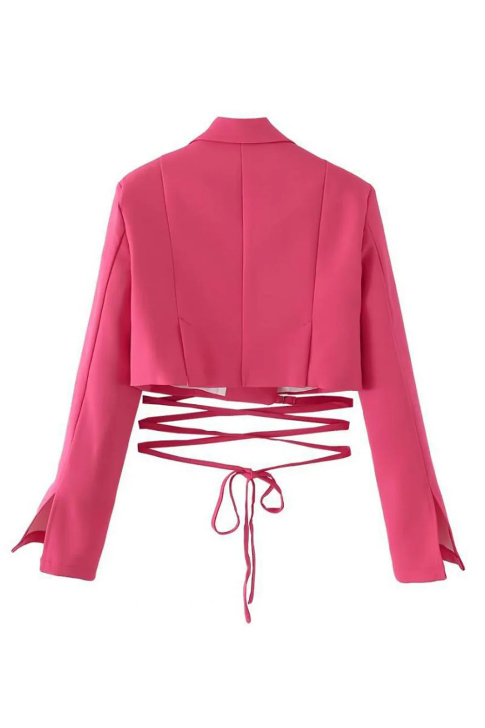 Hot Pink Notched Lapel Tie Cropped Women's Blazer - Image 2