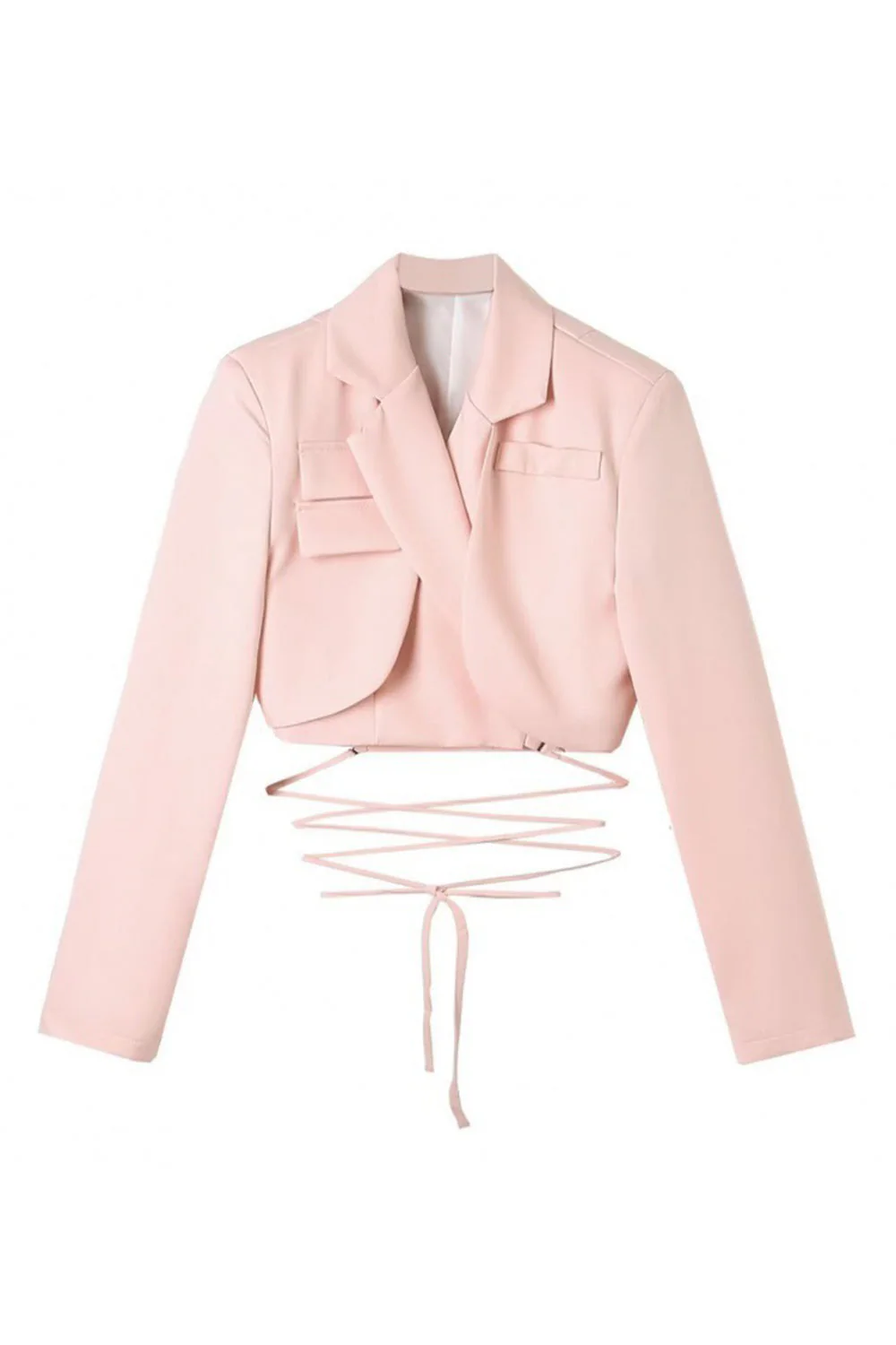 Hot Pink Notched Lapel Tie Cropped Women's Blazer - Image 5