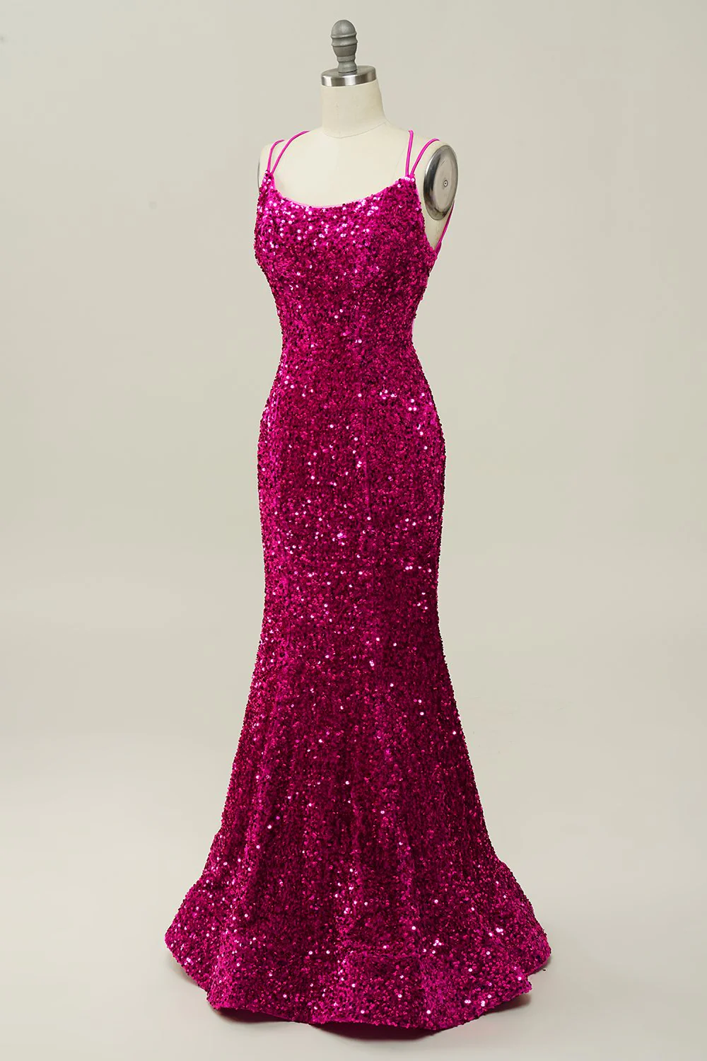 Hot Pink Sequin Spaghetti Straps Mermaid Prom Dress z koronkowym tyłem - Image 3