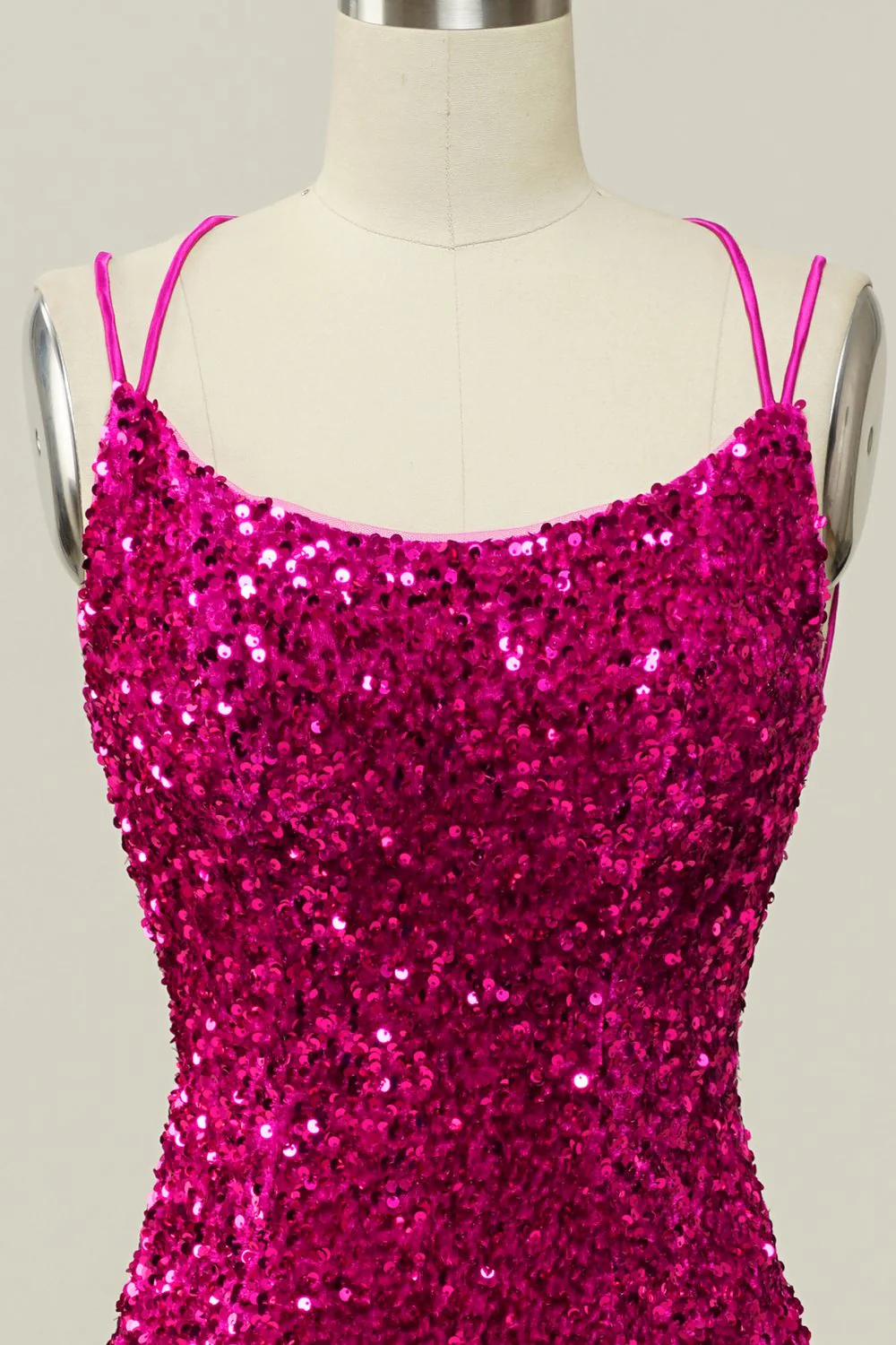 Hot Pink Sequin Spaghetti Straps Mermaid Prom Dress z koronkowym tyłem - Image 4