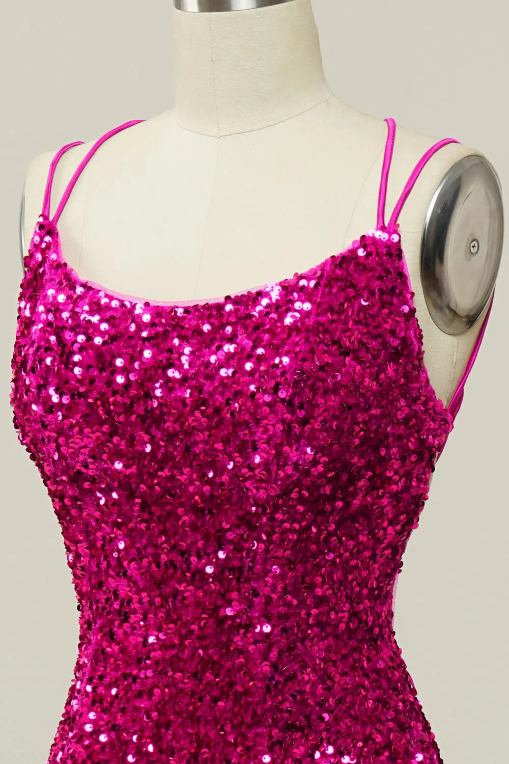 Hot Pink Sequin Spaghetti Straps Mermaid Prom Dress z koronkowym tyłem - Image 5
