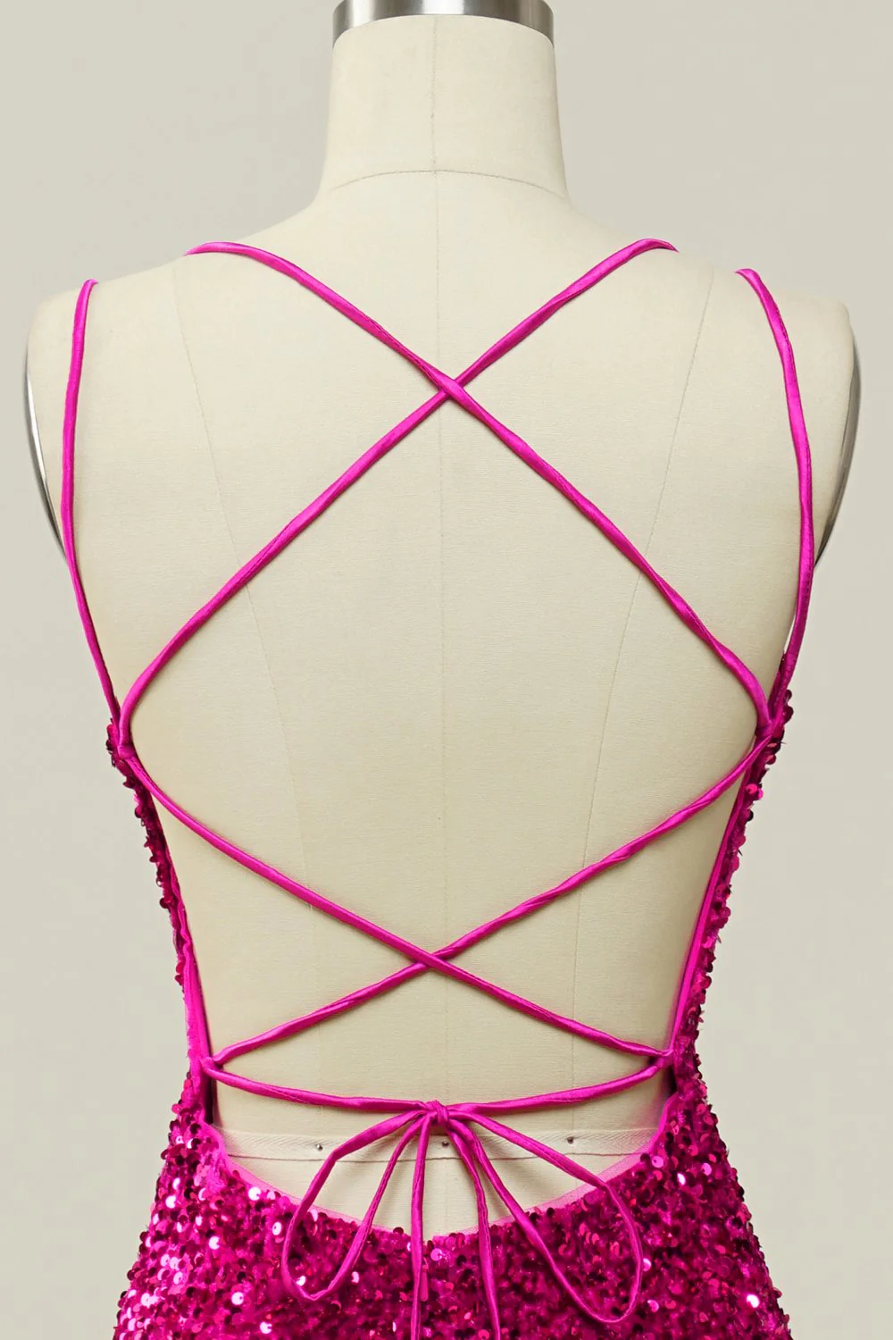 Hot Pink Sequin Spaghetti Straps Mermaid Prom Dress z koronkowym tyłem - Image 6