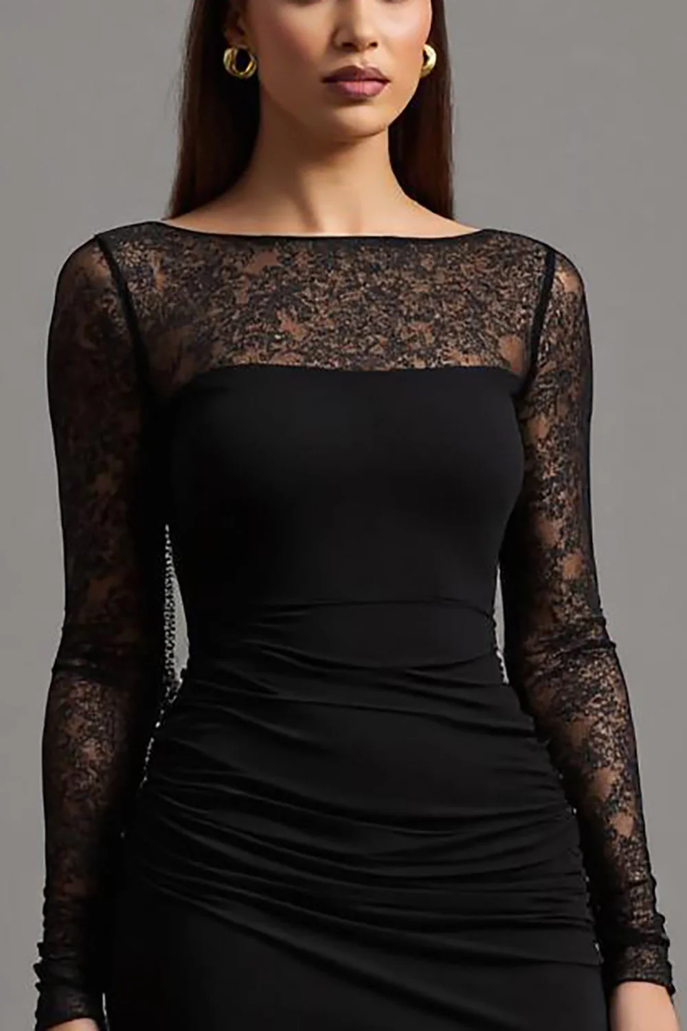 Illusion Neck Osłona Długie Rękawy Formalna Sukienka Z Rozcięciem - Image 3