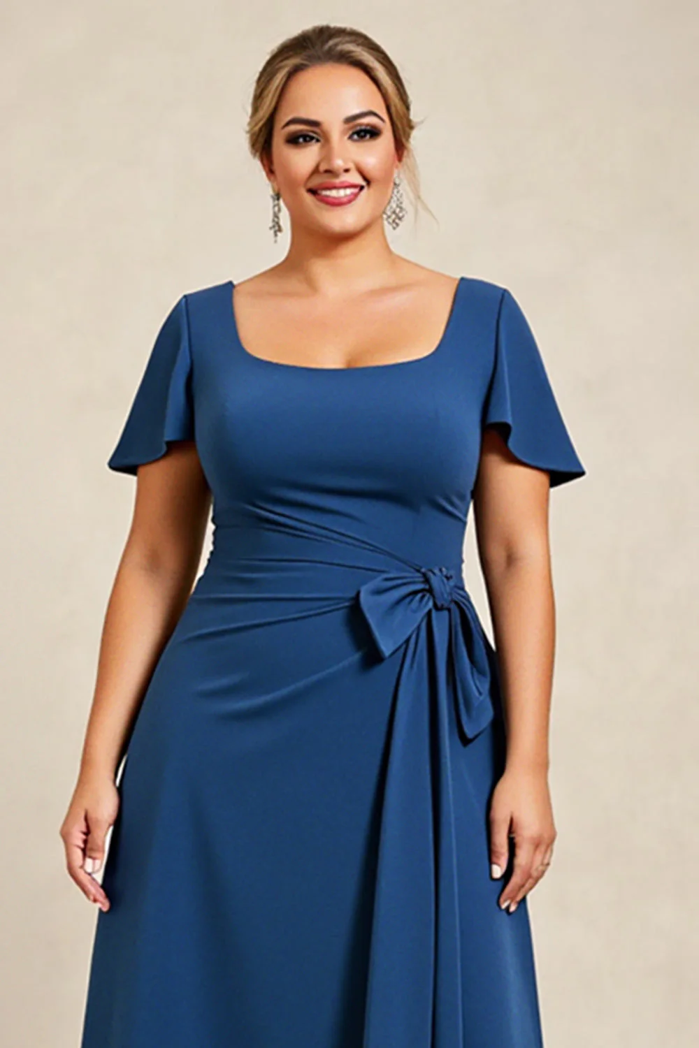 Atramentowy Niebieski Satynowa Plus Size Długa Sukienki Na Wesele z Kokardą - Image 4
