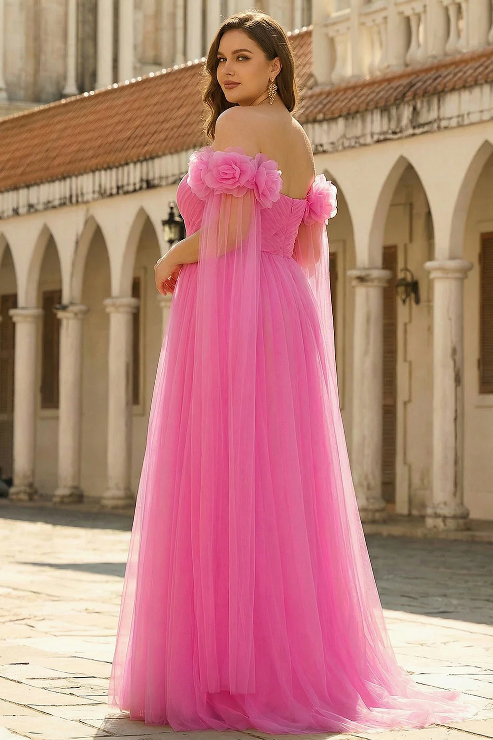 Intensywny róż z ramion A linie, plisowany tiul długa sukienka plus size z serpentyną - Image 2