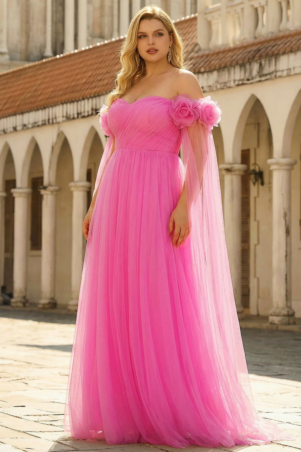 Intensywny róż z ramion A linie, plisowany tiul długa sukienka plus size z serpentyną - Image 3