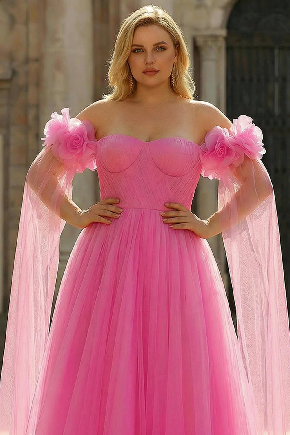 Intensywny róż z ramion A linie, plisowany tiul długa sukienka plus size z serpentyną - Image 4