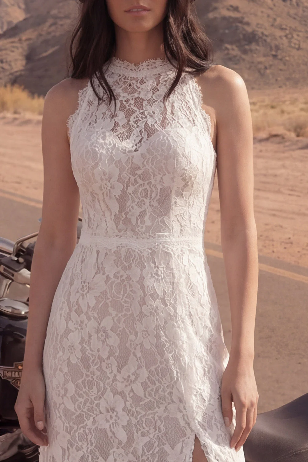 Ivory A Line Lace z wysokim kołnierzem, długą suknią ślubną Boho z rozcięciem - Image 4