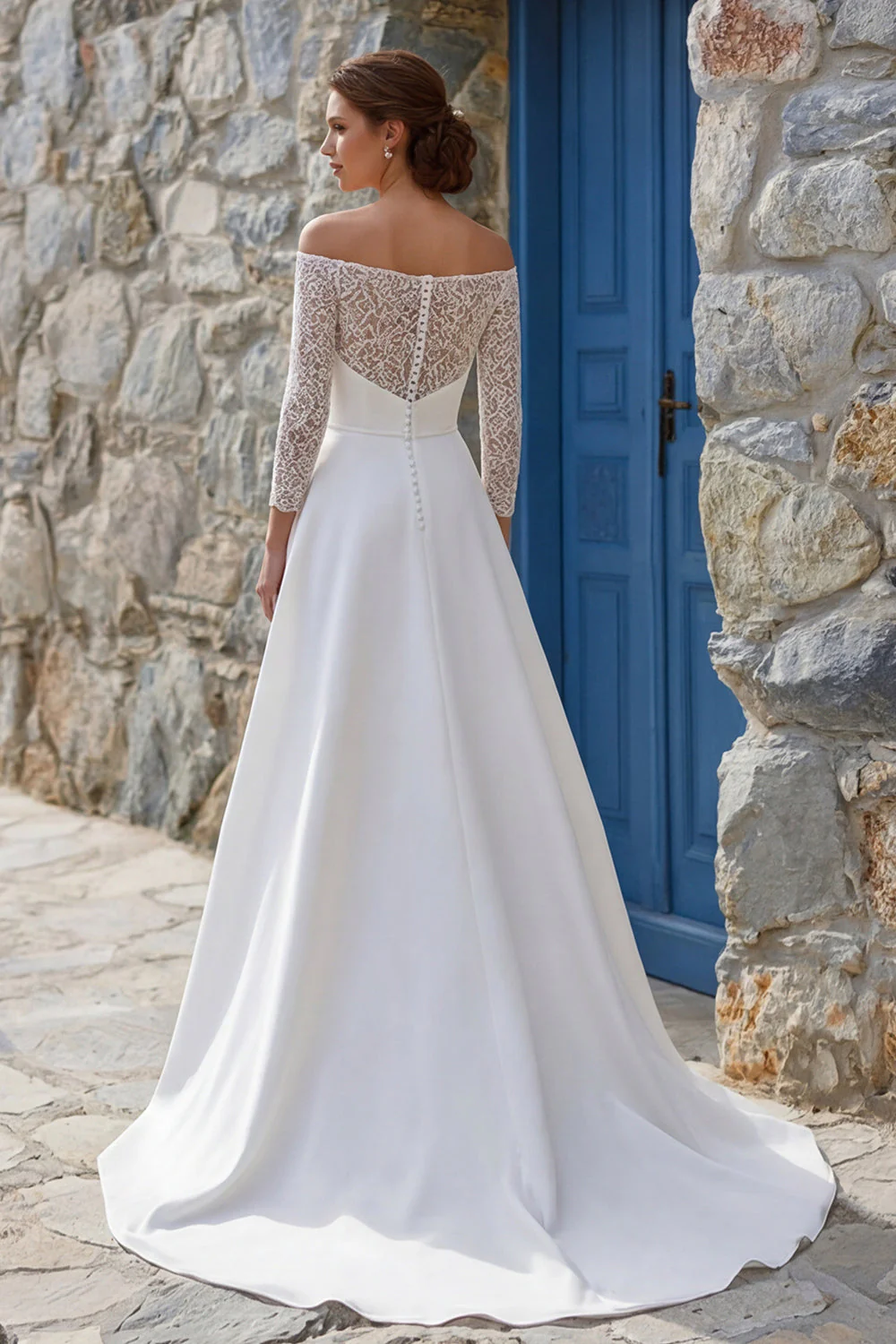 Ivory A Line Off The Shoulder Sweep Train Boho Wedding Dress z rozcięciem - Image 2