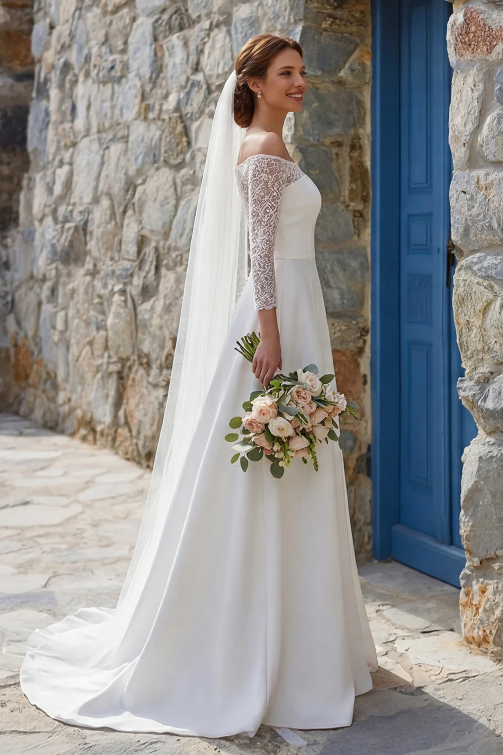 Ivory A Line Off The Shoulder Sweep Train Boho Wedding Dress z rozcięciem - Image 3