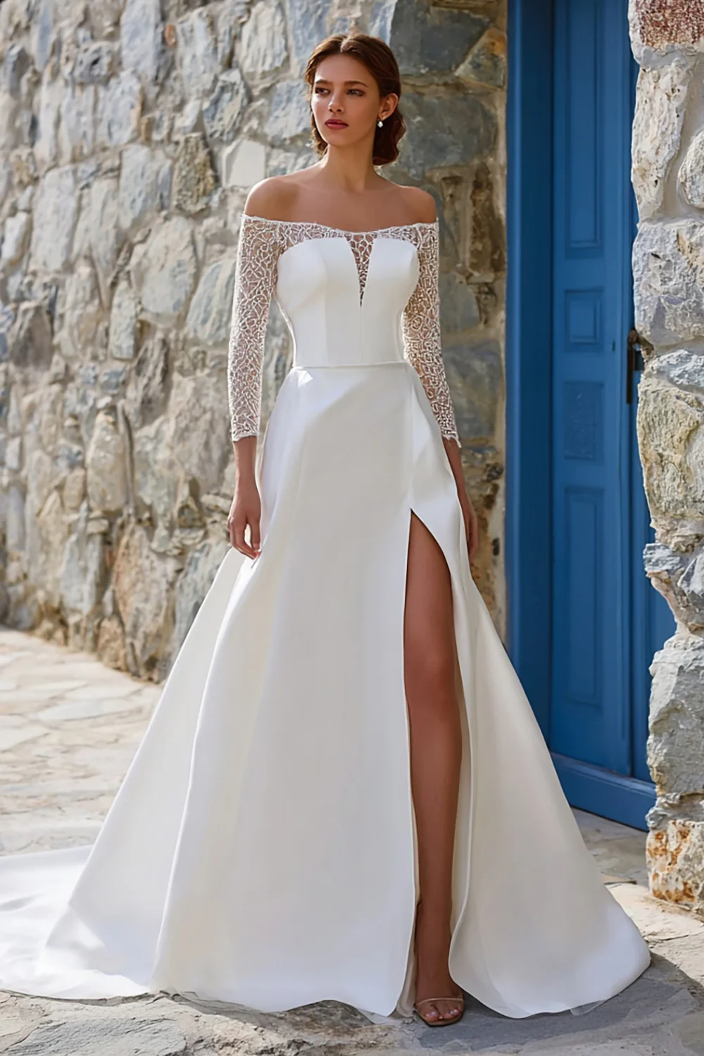 Ivory A Line Off The Shoulder Sweep Train Boho Wedding Dress z rozcięciem - Image 4