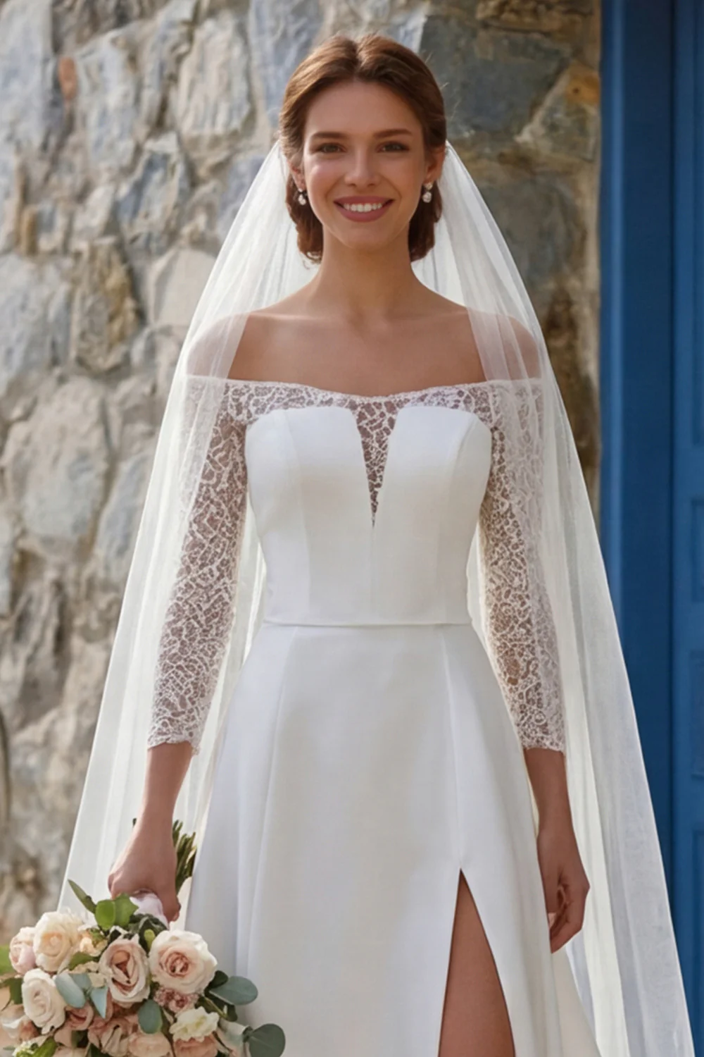 Ivory A Line Off The Shoulder Sweep Train Boho Wedding Dress z rozcięciem - Image 5