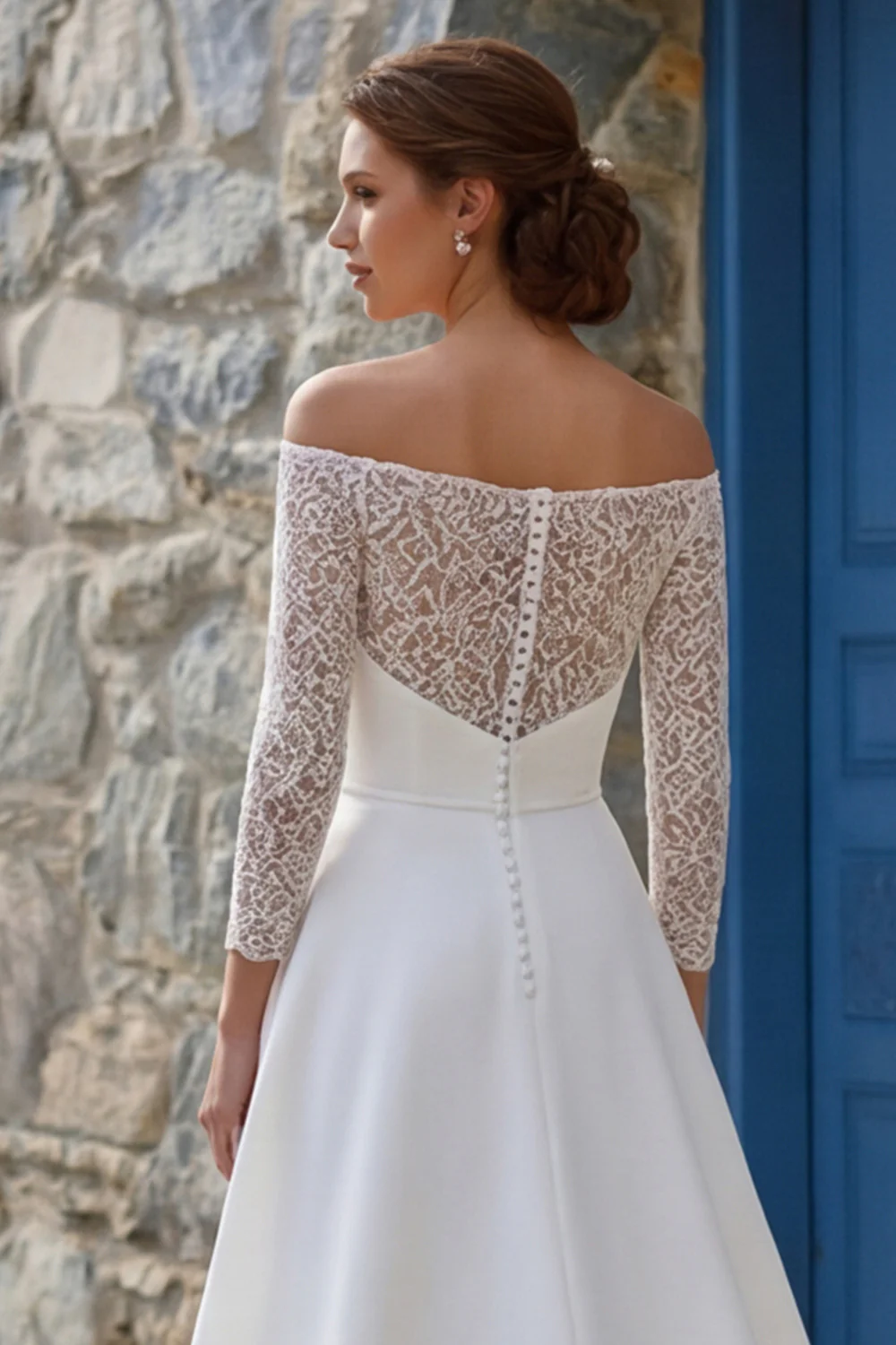 Ivory A Line Off The Shoulder Sweep Train Boho Wedding Dress z rozcięciem - Image 6