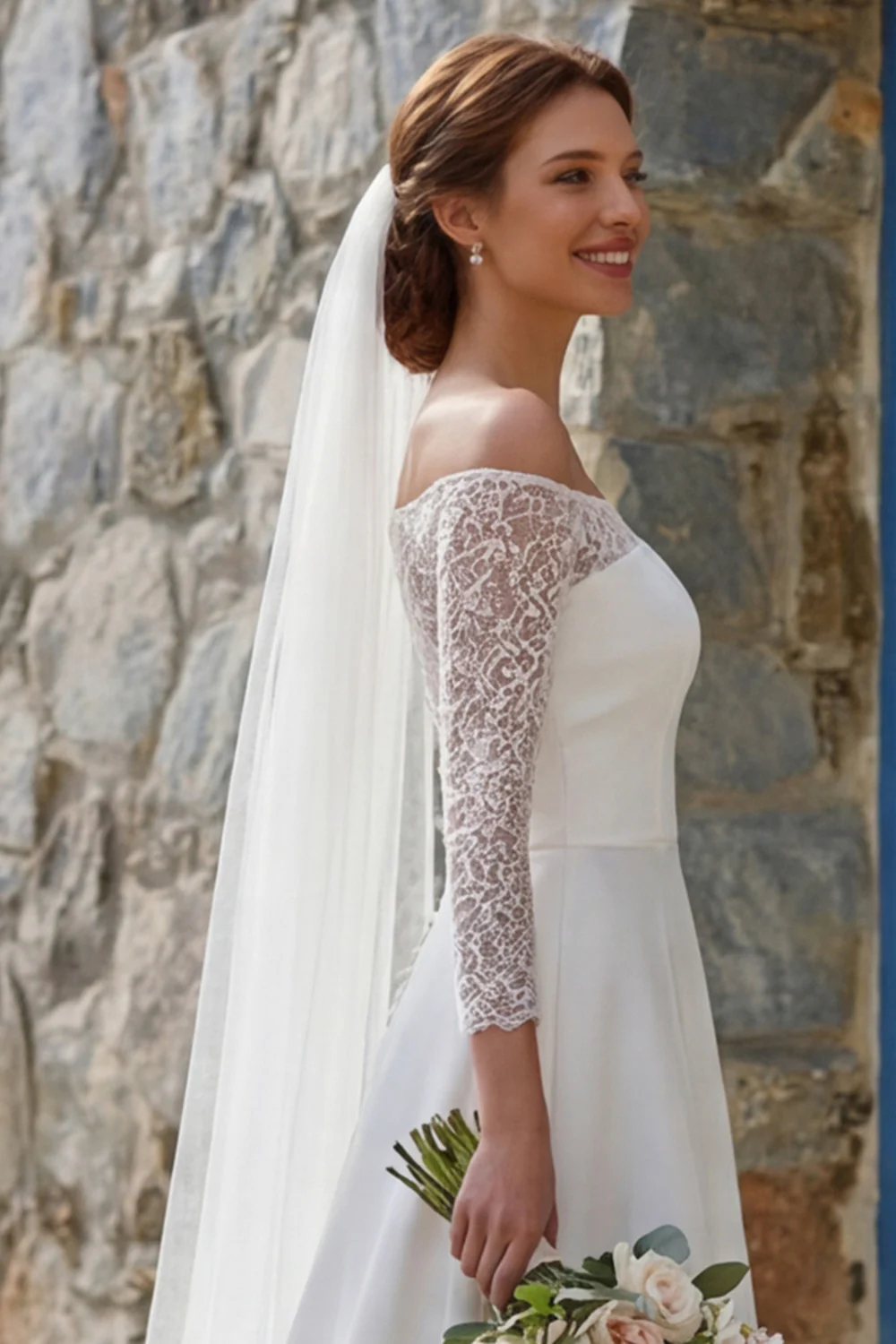 Ivory A Line Off The Shoulder Sweep Train Boho Wedding Dress z rozcięciem - Image 7