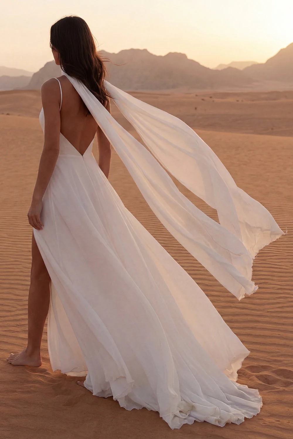 Ivory A Line Spaghetti Straps Long Boho Wedding Dress z szalikiem - Image 2