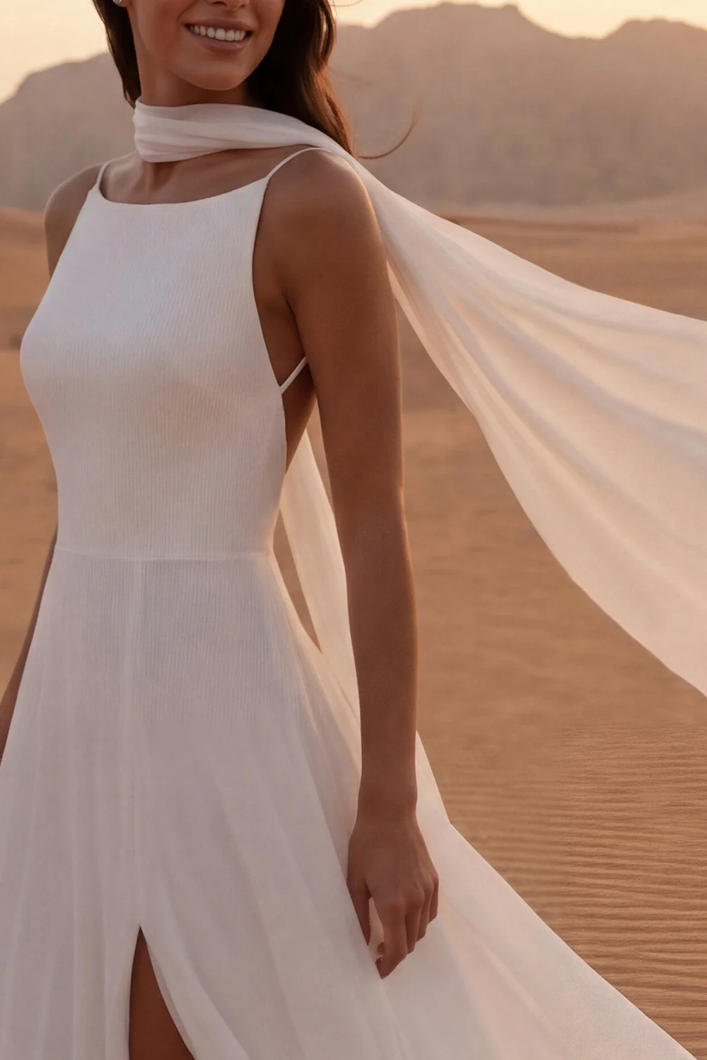 Ivory A Line Spaghetti Straps Long Boho Wedding Dress z szalikiem - Image 3