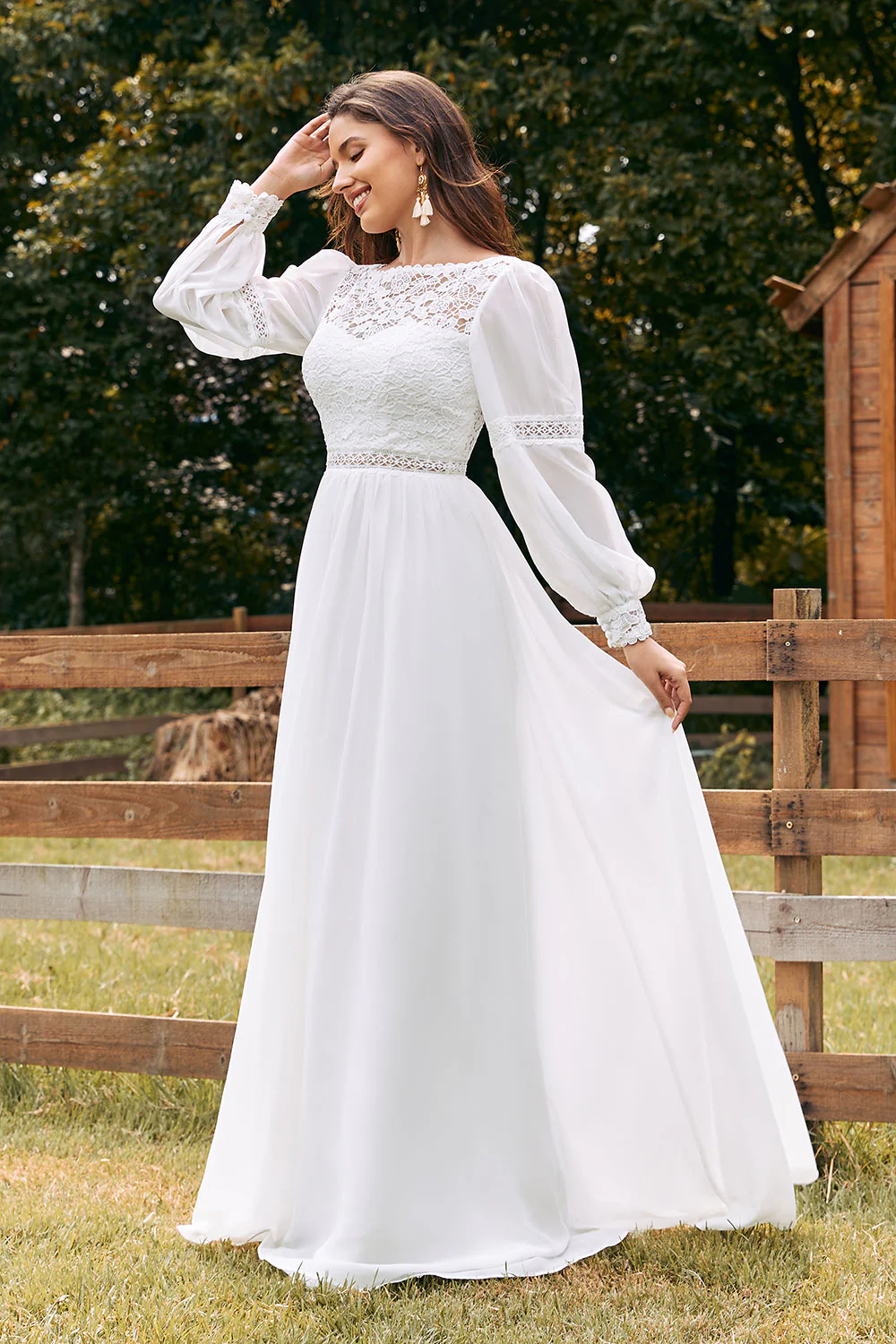 Ivory Bateau Szyfon Długa Suknia Ślubna Boho Z Koronką - Image 3