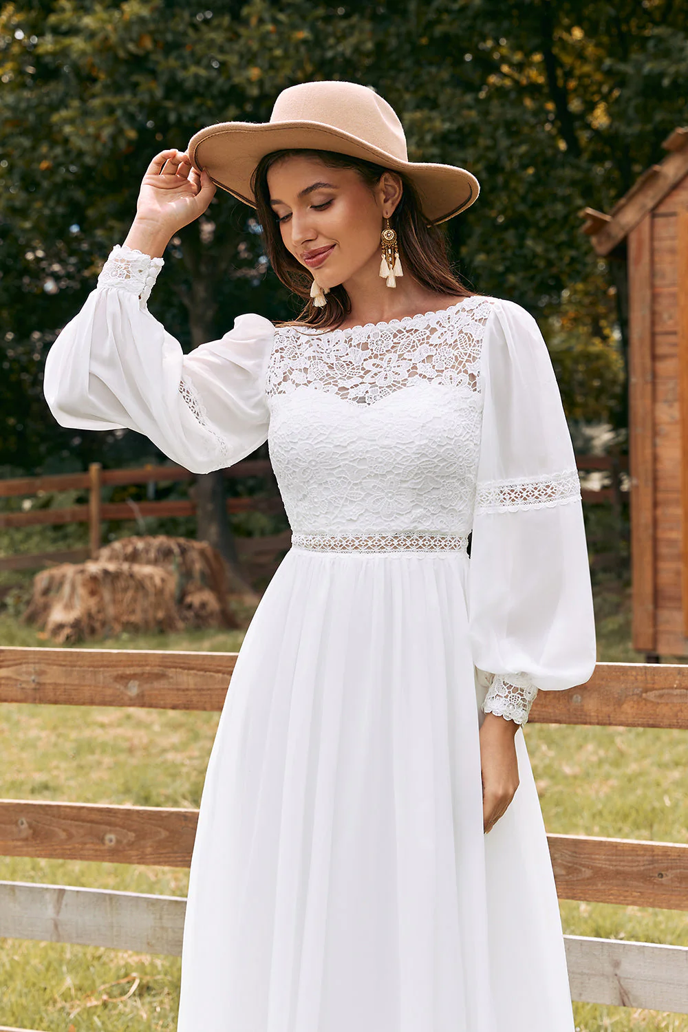 Ivory Bateau Szyfon Długa Suknia Ślubna Boho Z Koronką - Image 4