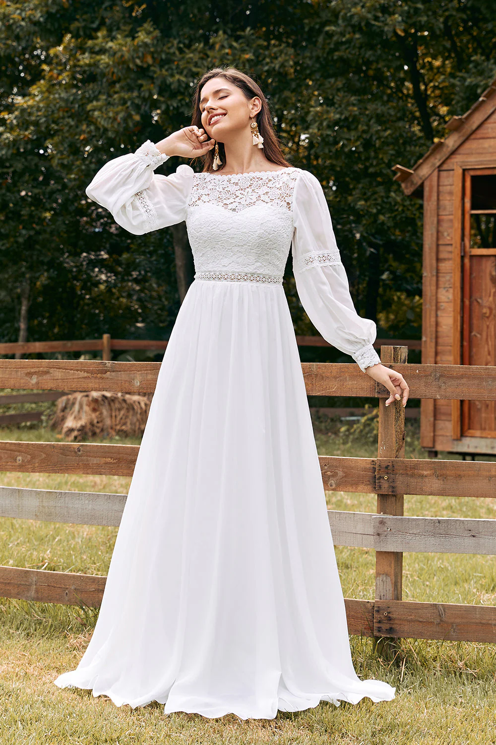 Ivory Bateau Szyfon Długa Suknia Ślubna Boho Z Koronką - Image 6