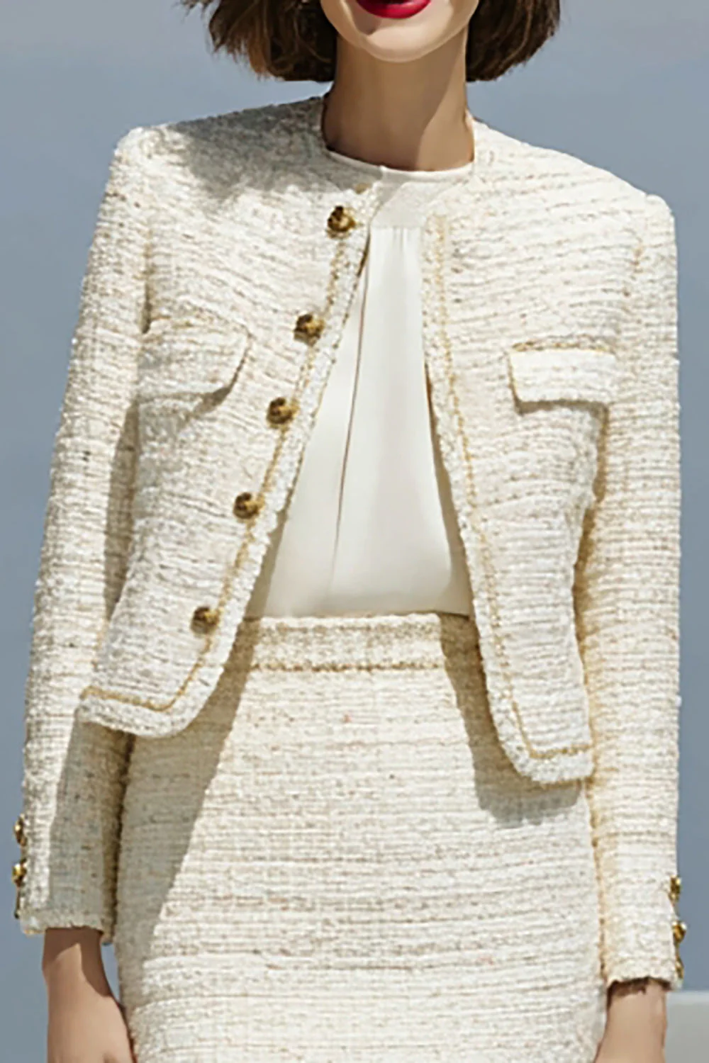 Ivory Bodycon 2-częściowa sukienka robocza z okrągłym dekoltem - Image 2