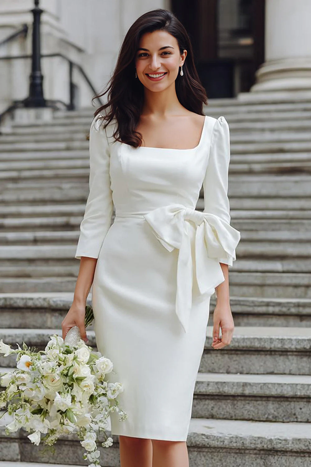 Ivory Bodycon Kwadratowa Szyja Suknia Ślubna Midi Z Rękawami - Image 3