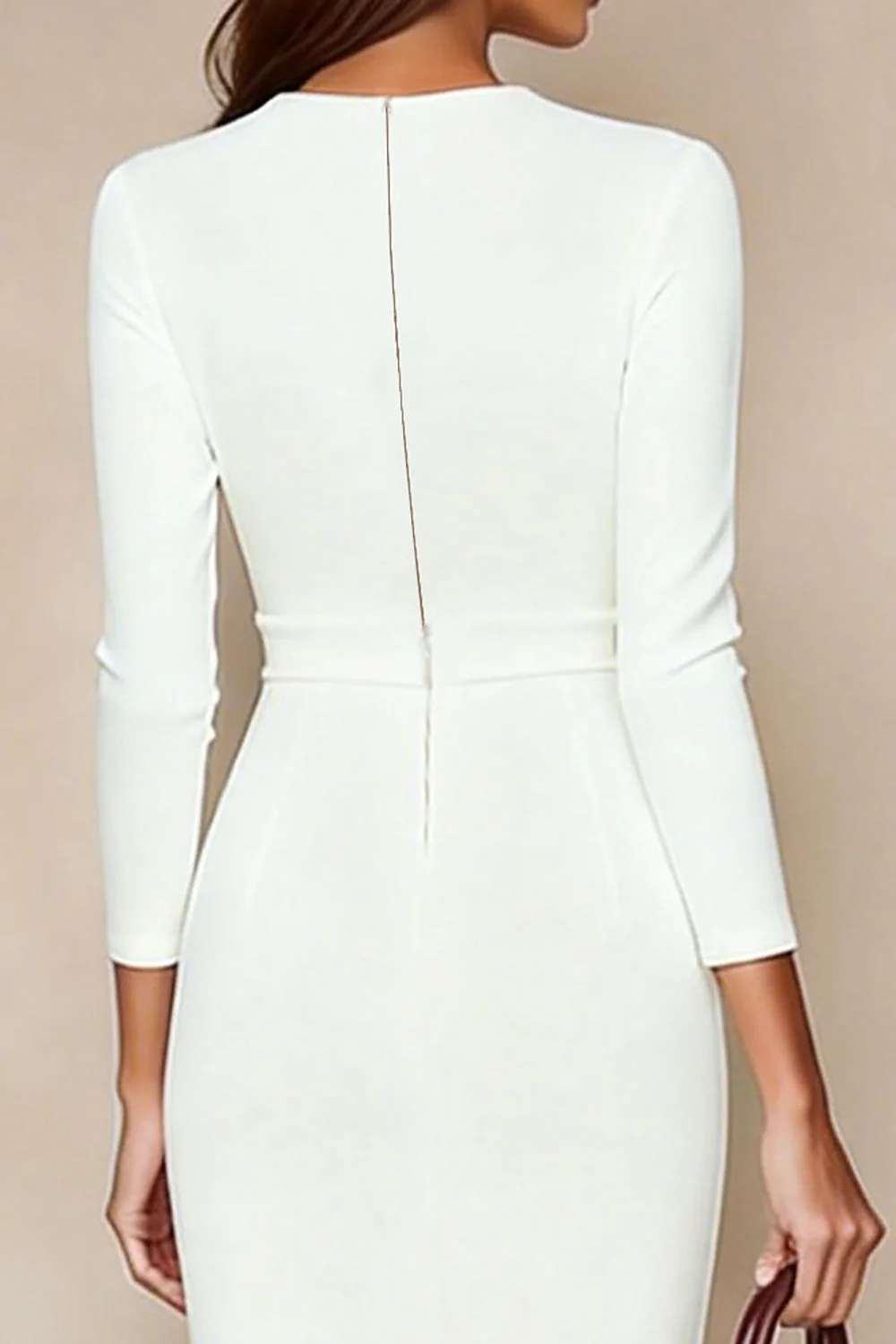 Ivory Bodycon Round-Neck Midi Work Dress z 3/4 rękawami - Image 4