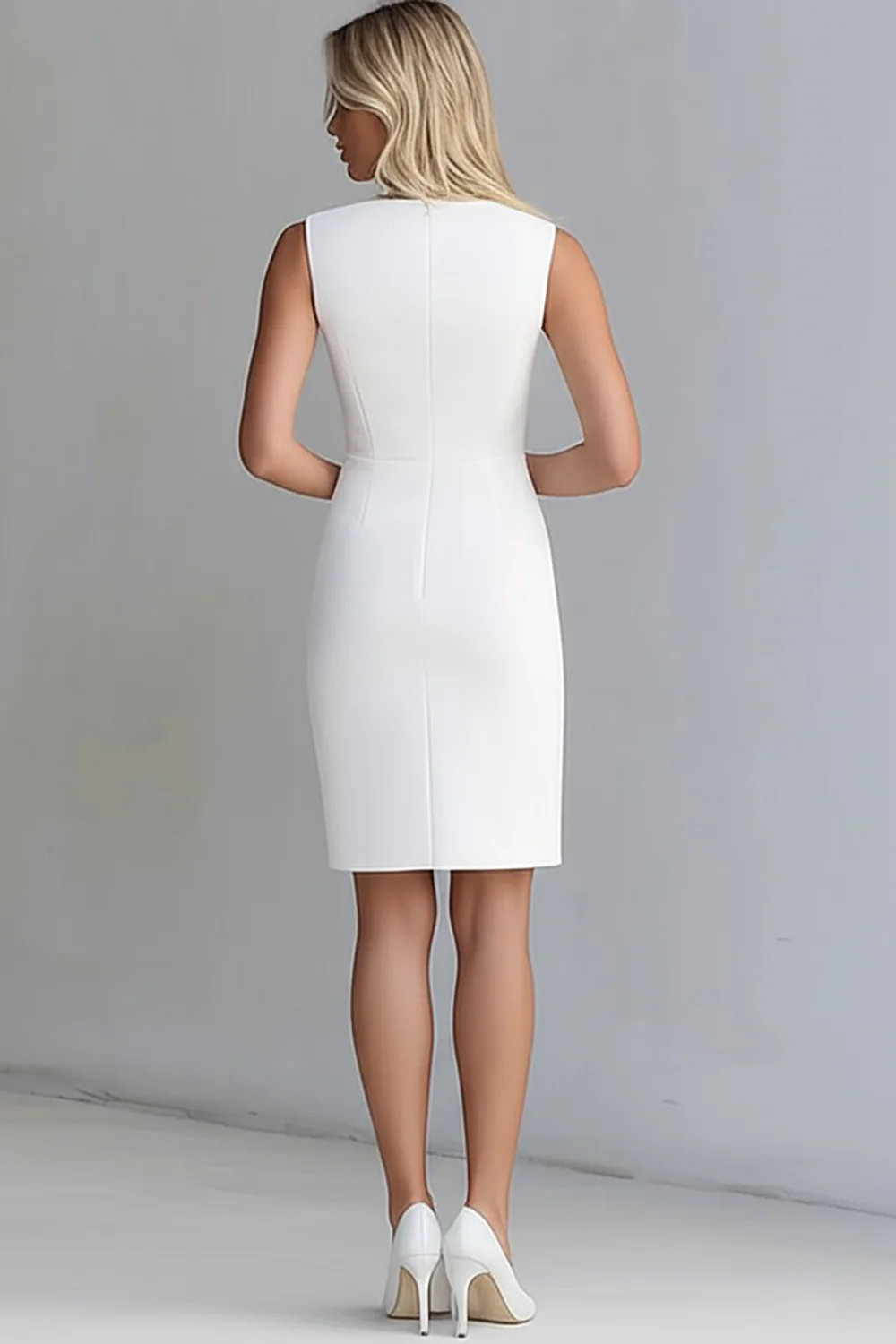 Ivory Bodycon Satynowa Krótka Sukienka Robocza Z Dekoltem W Szpic - Image 2