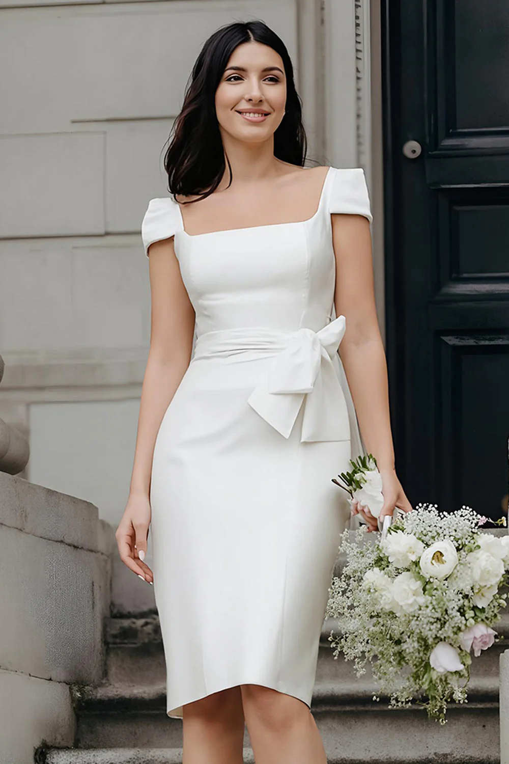 Ivory Bodycon Sukienka ślubna midi z kwadratowym dekoltem - Image 2