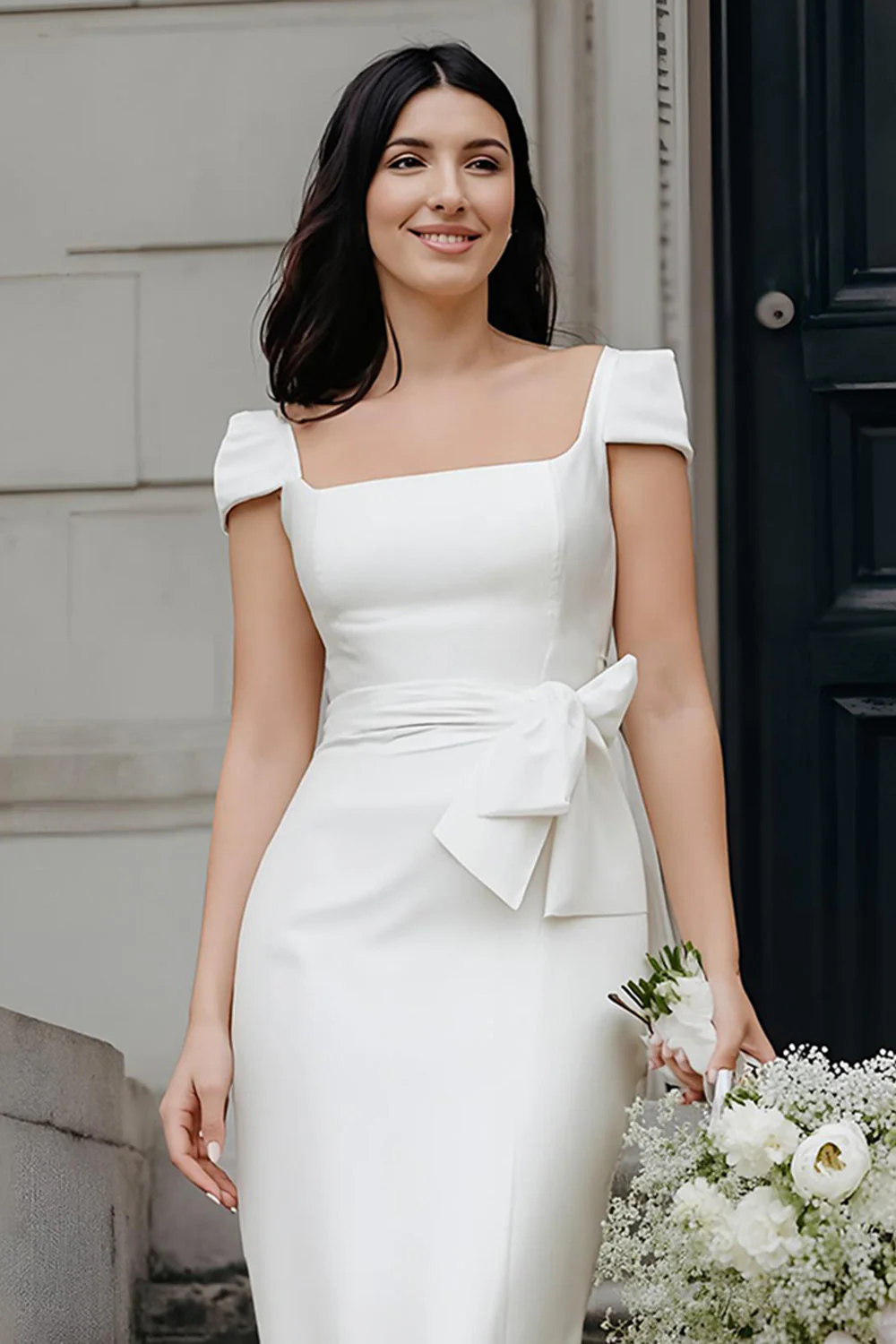 Ivory Bodycon Sukienka ślubna midi z kwadratowym dekoltem - Image 3