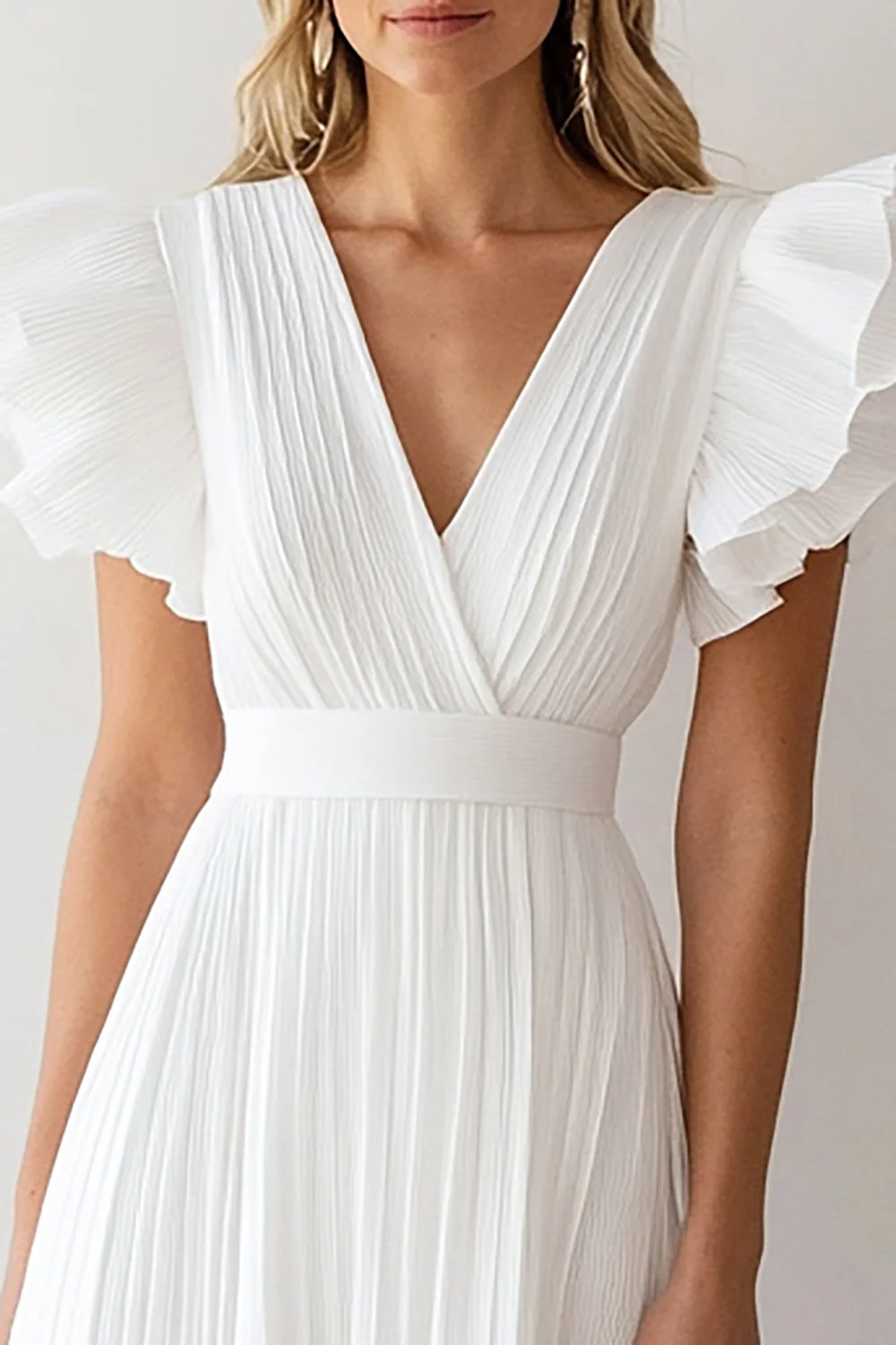 Ivory Chiffon Linia plisowana krótka formalna sukienka z falbankami - Image 2